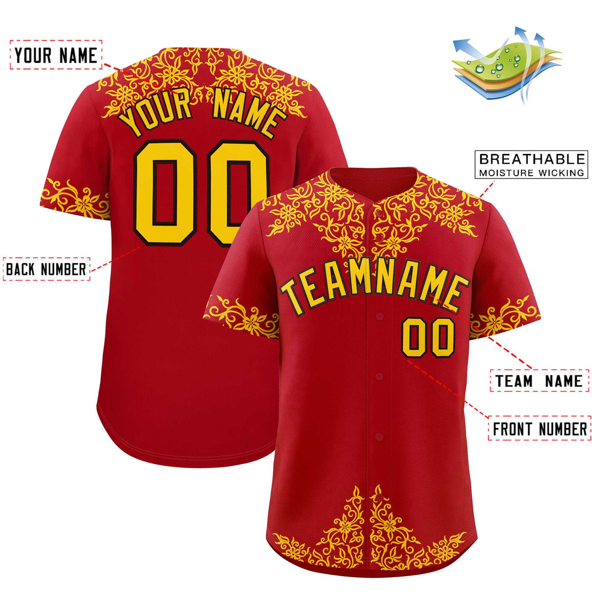 Custom Red Gold Baroque Style Personalized Baseball Jersey