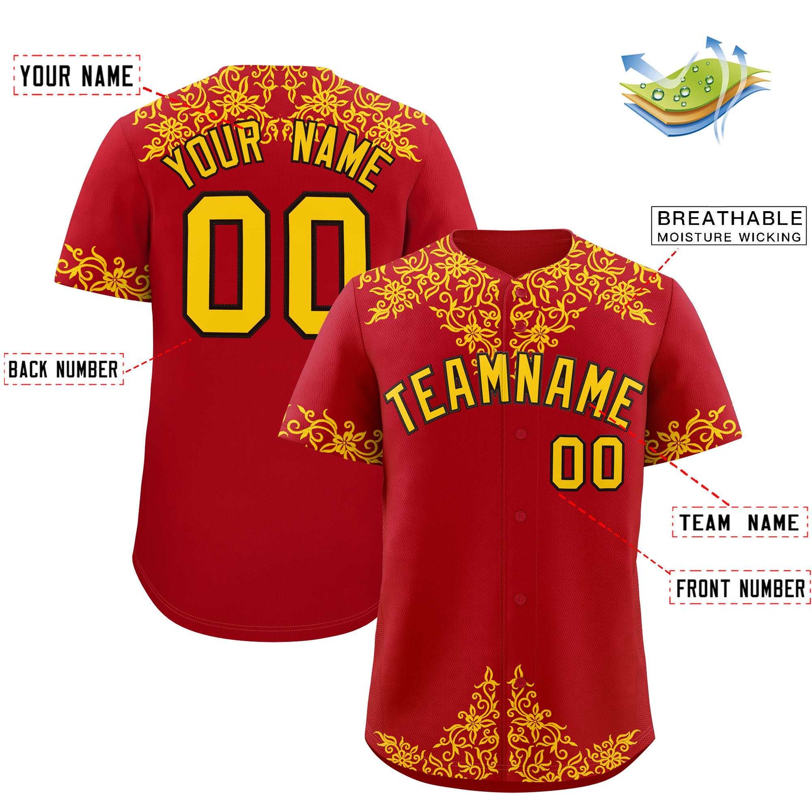 Custom Red Gold Baroque Style Personalized Baseball Jersey
