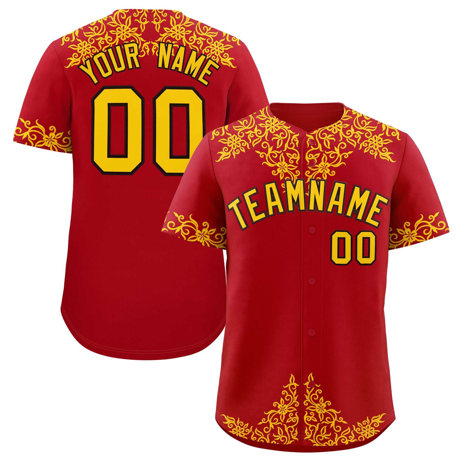 Custom Red Gold Baroque Style Personalized Baseball Jersey