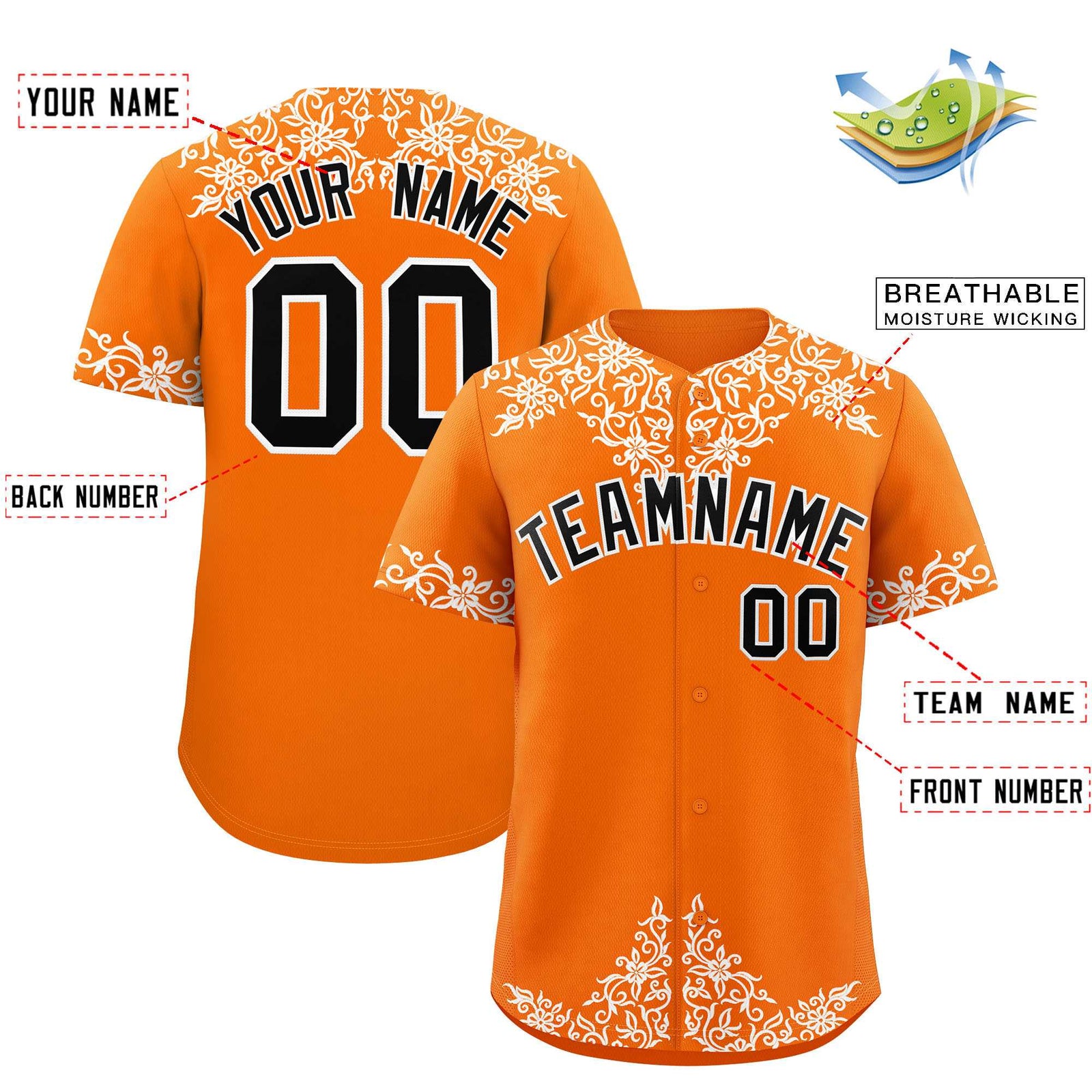 Custom Orange White Baroque Style Personalized Baseball Jersey