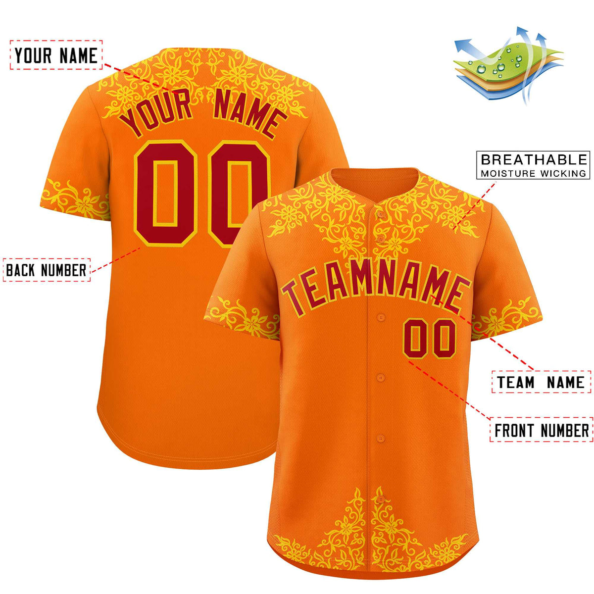 Custom Orange Gold Baroque Style Personalized Baseball Jersey