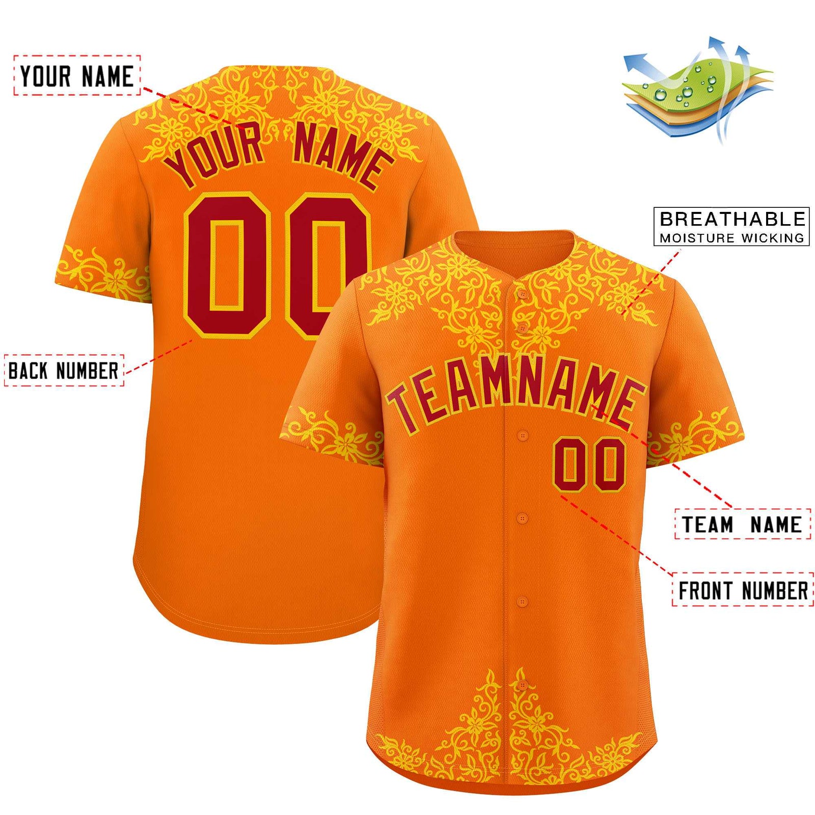 Custom Orange Gold Baroque Style Personalized Baseball Jersey