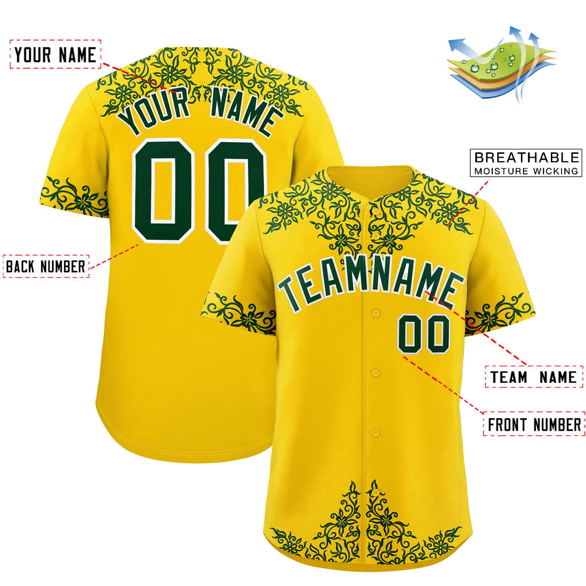 Custom Gold Green Baroque Style Personalized Baseball Jersey
