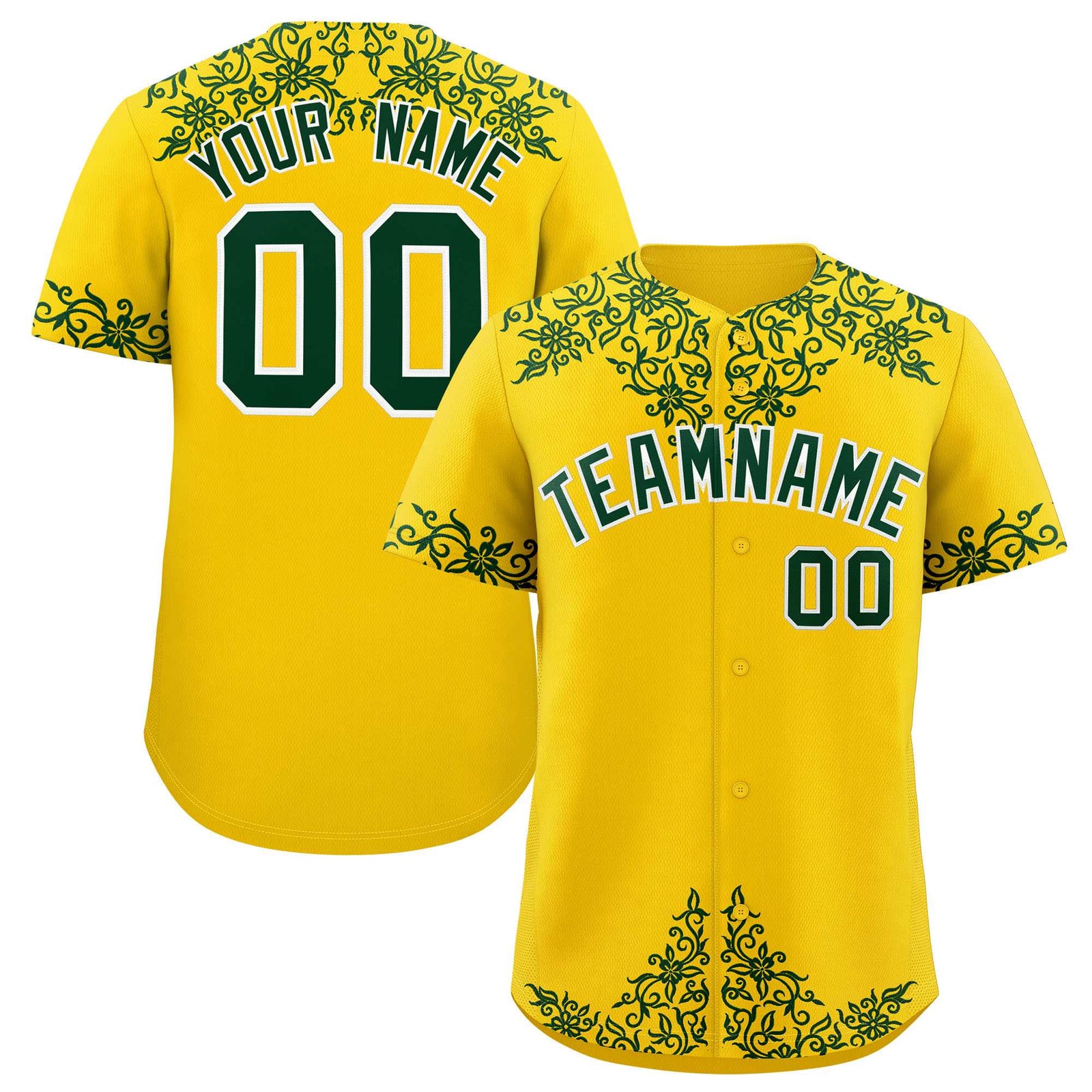 Custom Gold Green Baroque Style Personalized Baseball Jersey