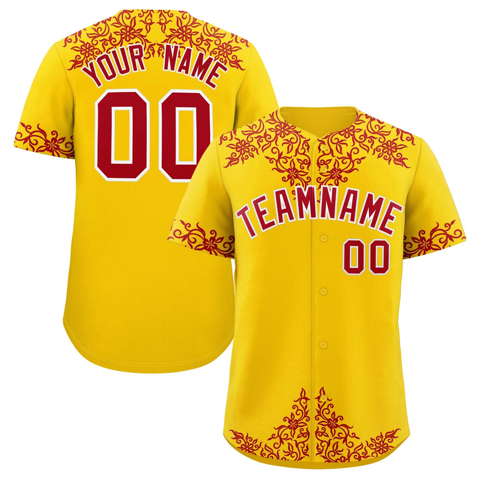 Custom Gold Red Baroque Style Personalized Baseball Jersey