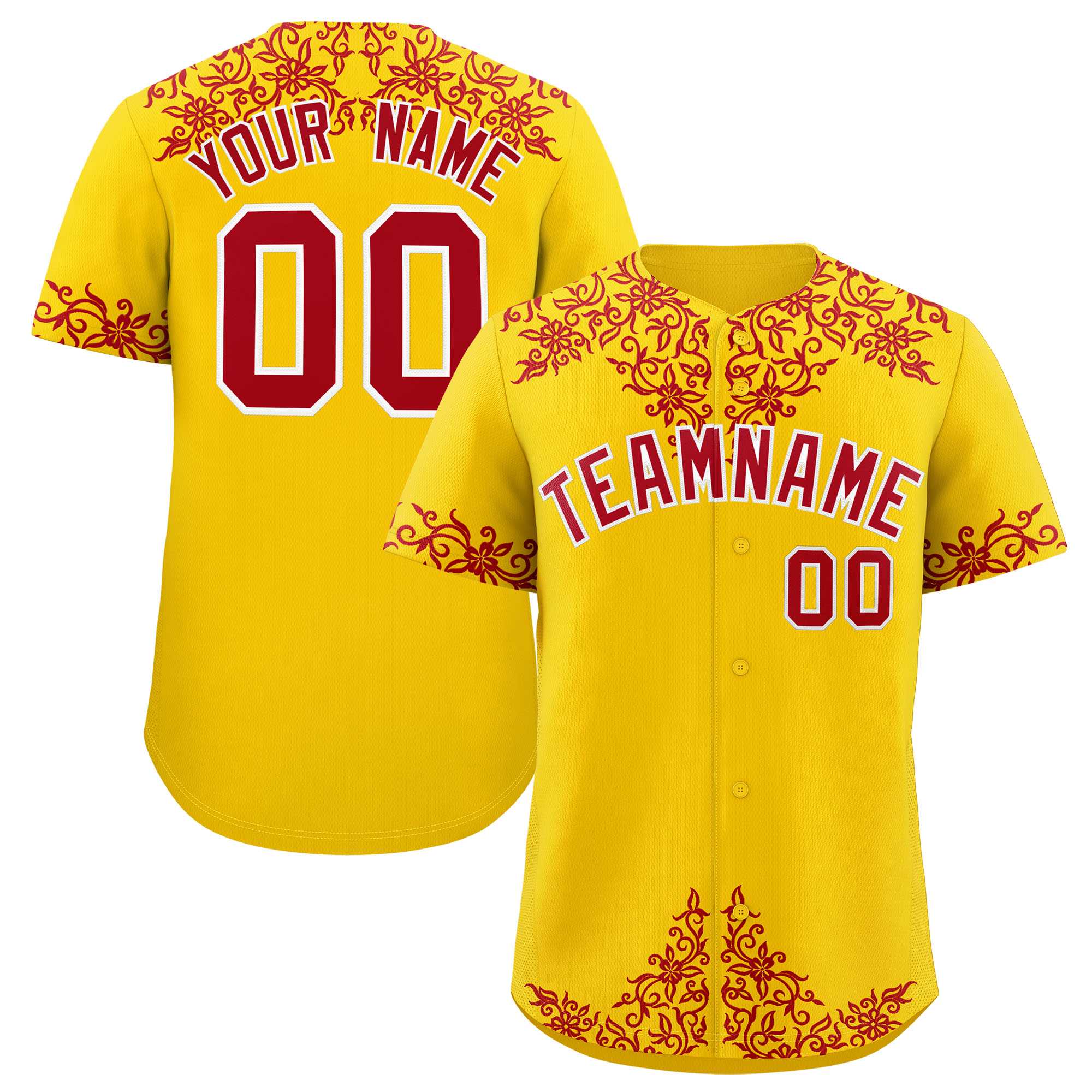 Custom Gold Red Baroque Style Personalized Baseball Jersey