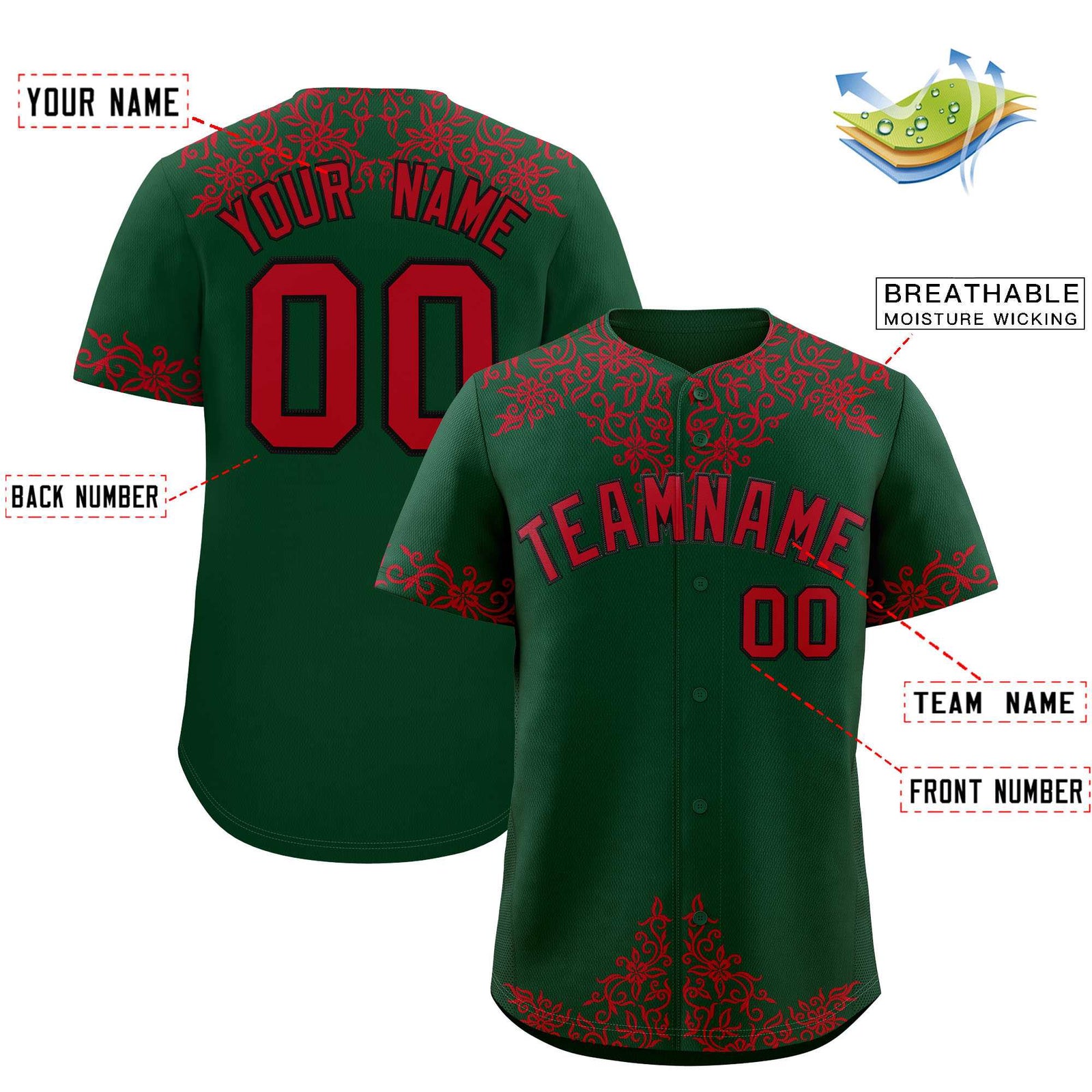 Custom Green Red Baroque Style Personalized Baseball Jersey