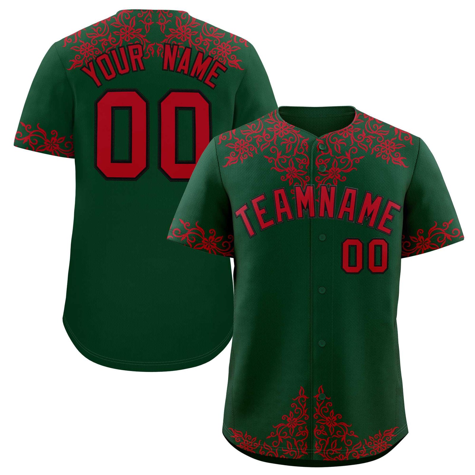 Custom Green Red Baroque Style Personalized Baseball Jersey