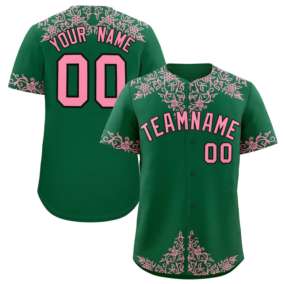 Custom Kelly Green Light Pink Baroque Style Personalized Baseball Jersey