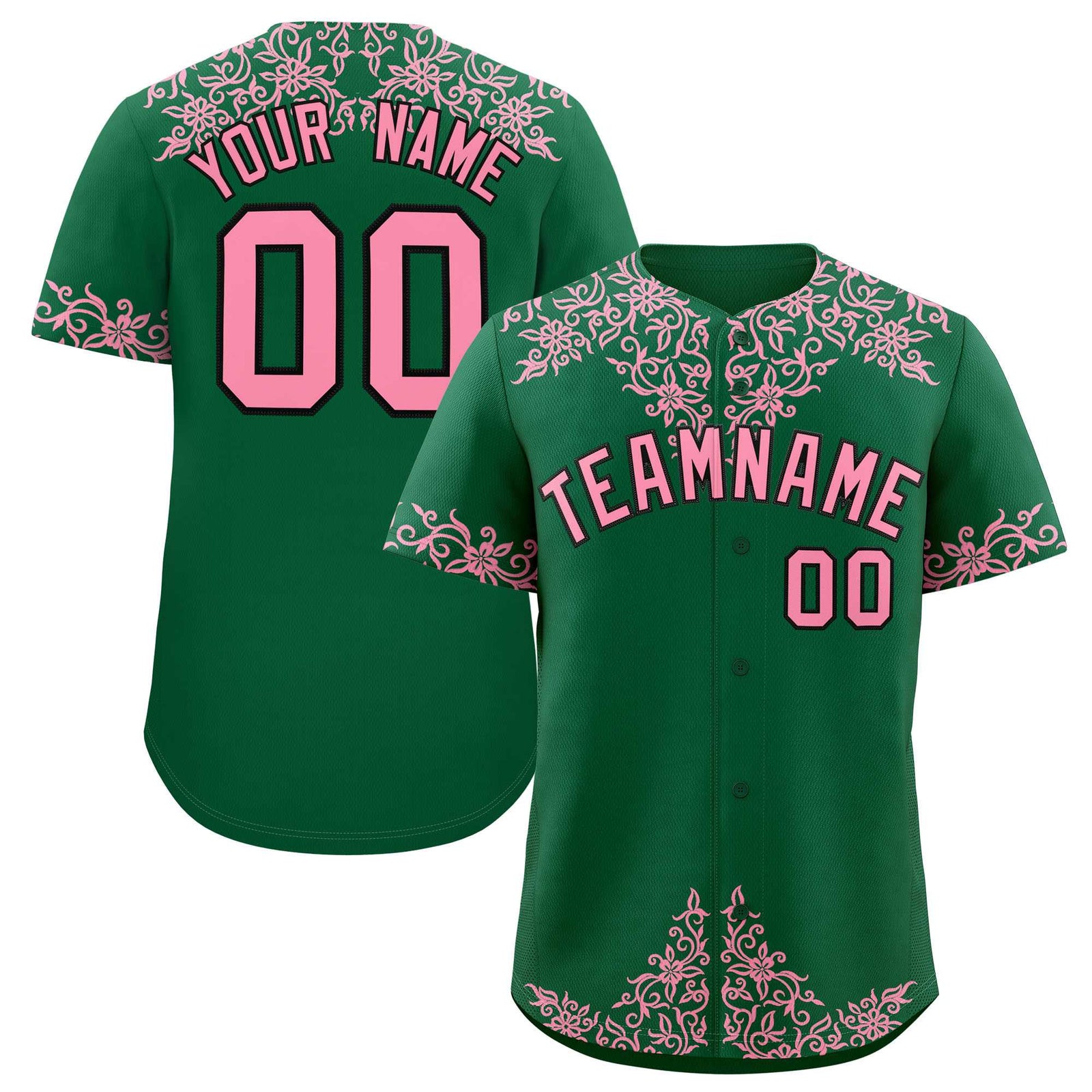 Custom Kelly Green Light Pink Baroque Style Personalized Baseball Jersey