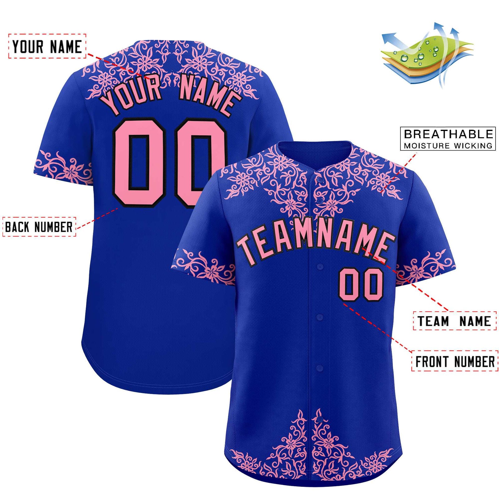 Custom Royal Light Pink Baroque Style Personalized Baseball Jersey