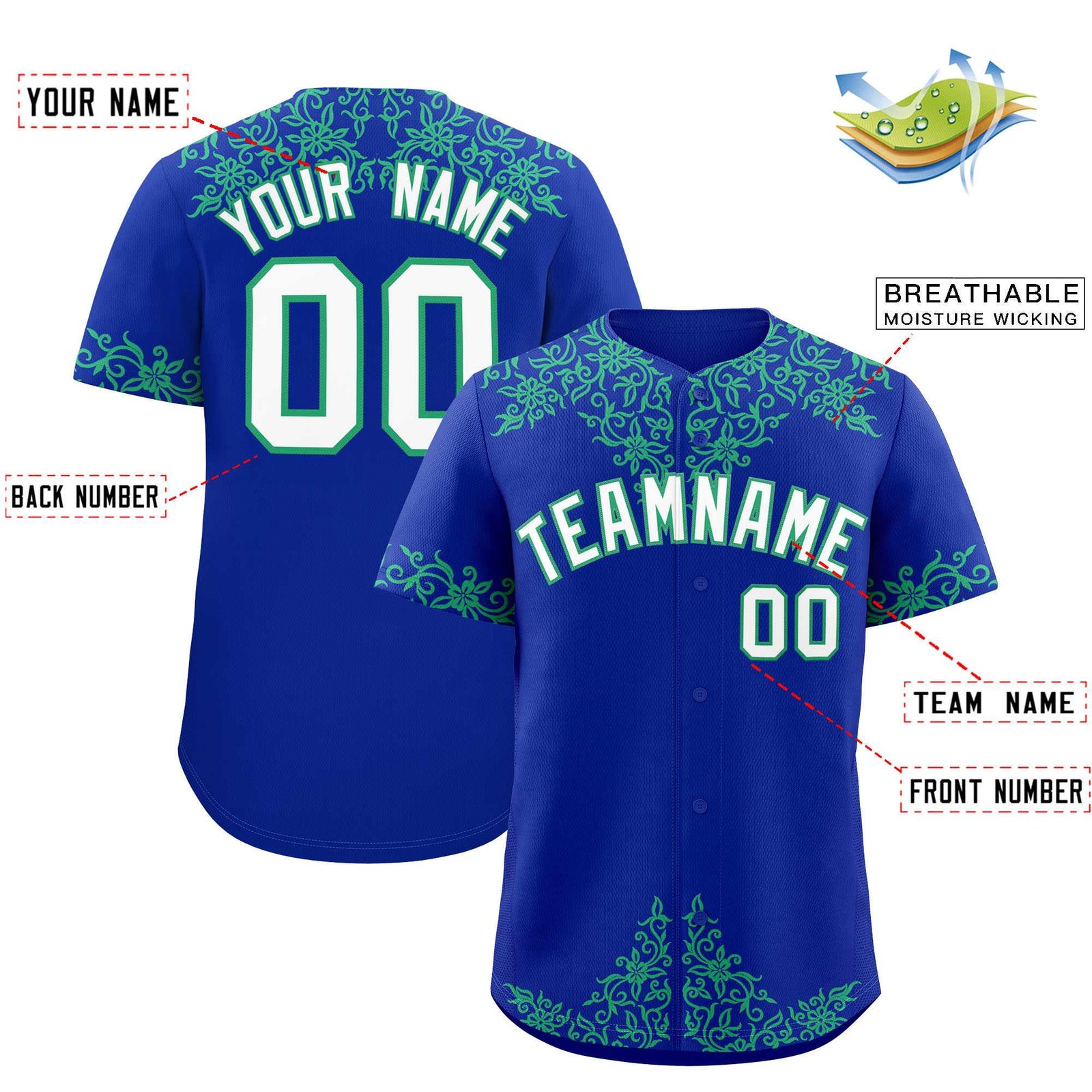 Custom Royal Bright Green Baroque Style Personalized Baseball Jersey