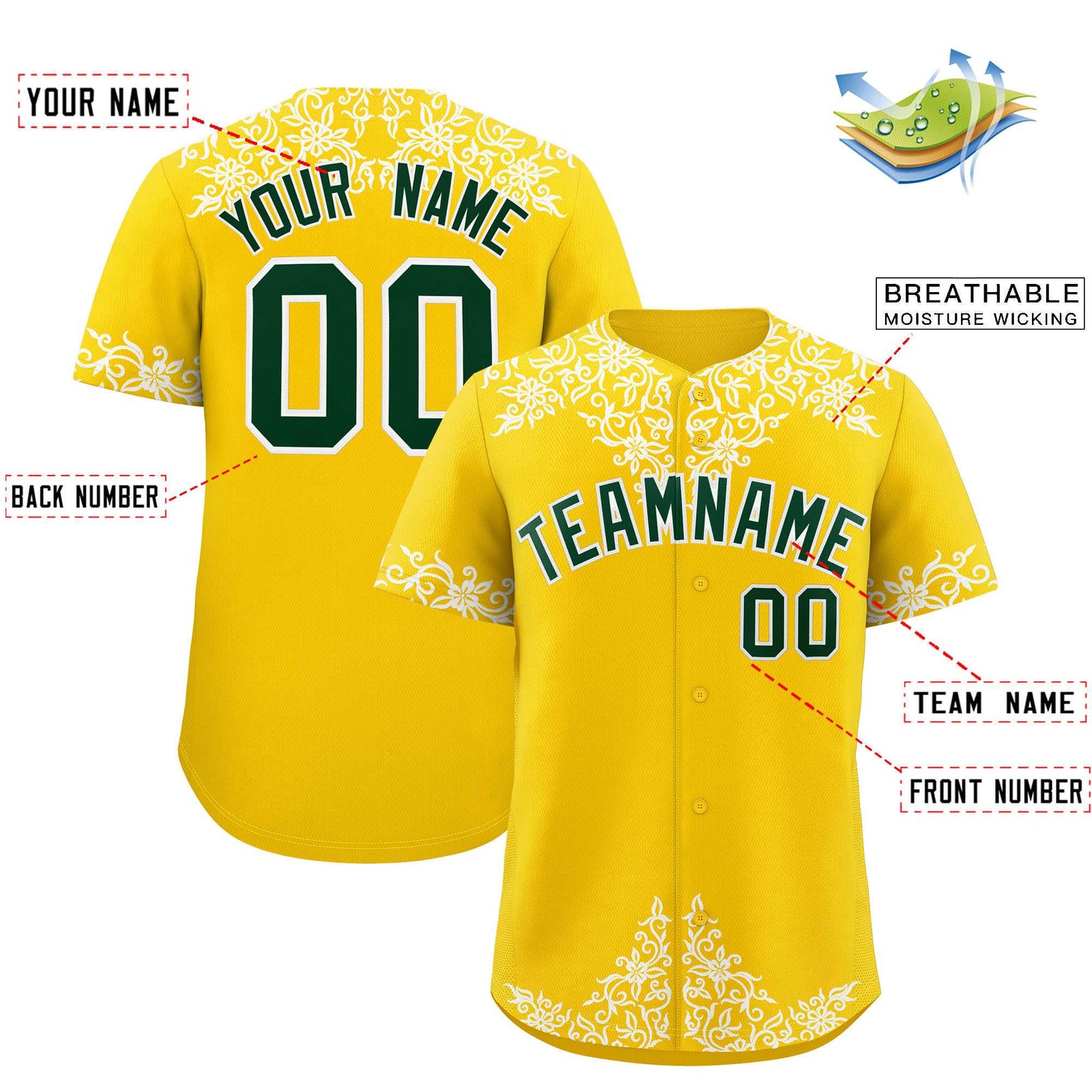 Custom Gold White Baroque Style Personalized Baseball Jersey