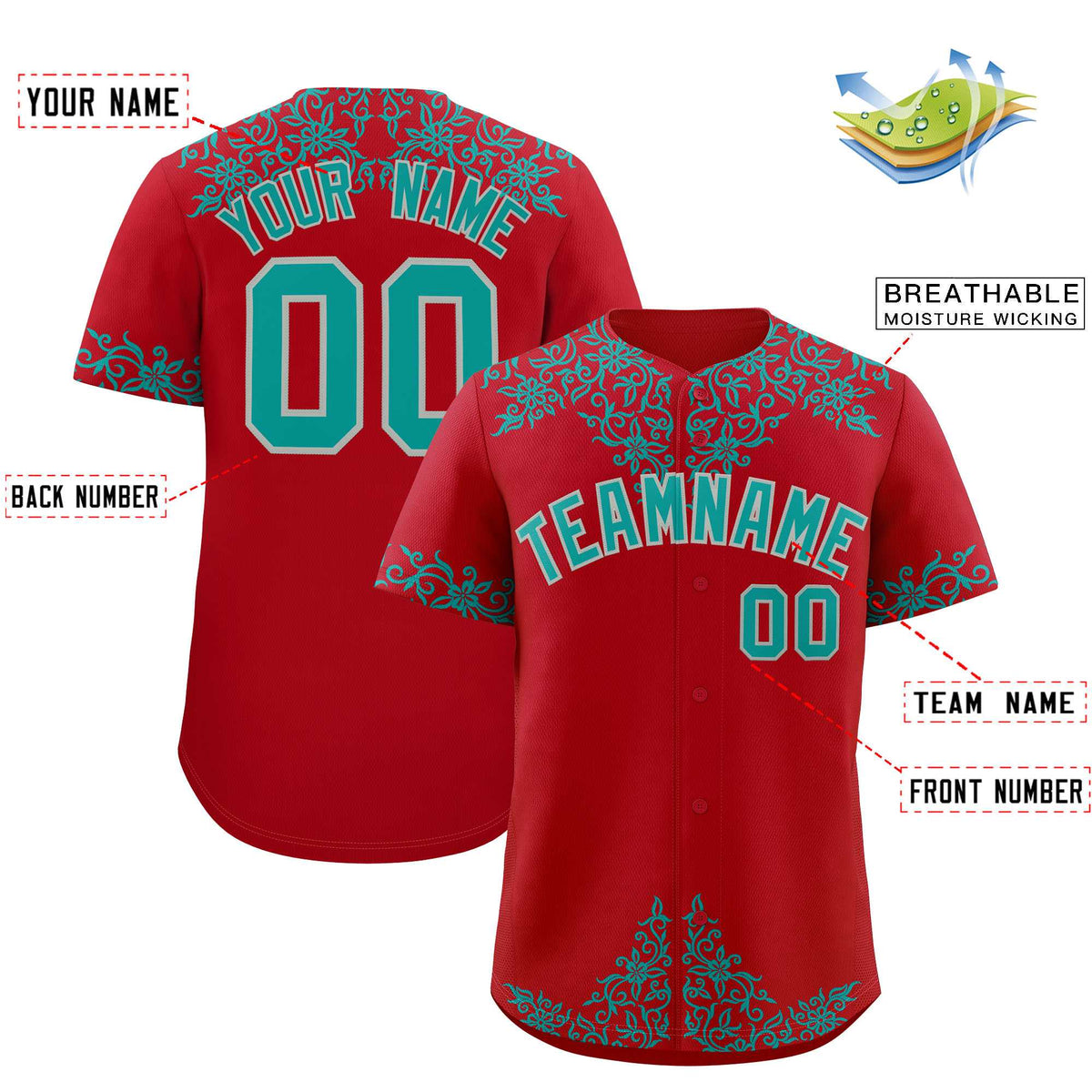 Custom Red Teal Baroque Style Personalized Baseball Jersey