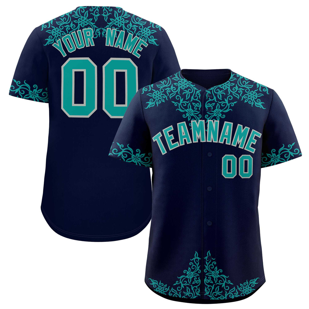 Custom Navy Teal Baroque Style Personalized Baseball Jersey