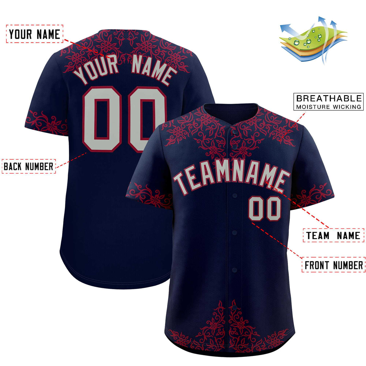 Custom Navy Crimson Baroque Style Personalized Baseball Jersey