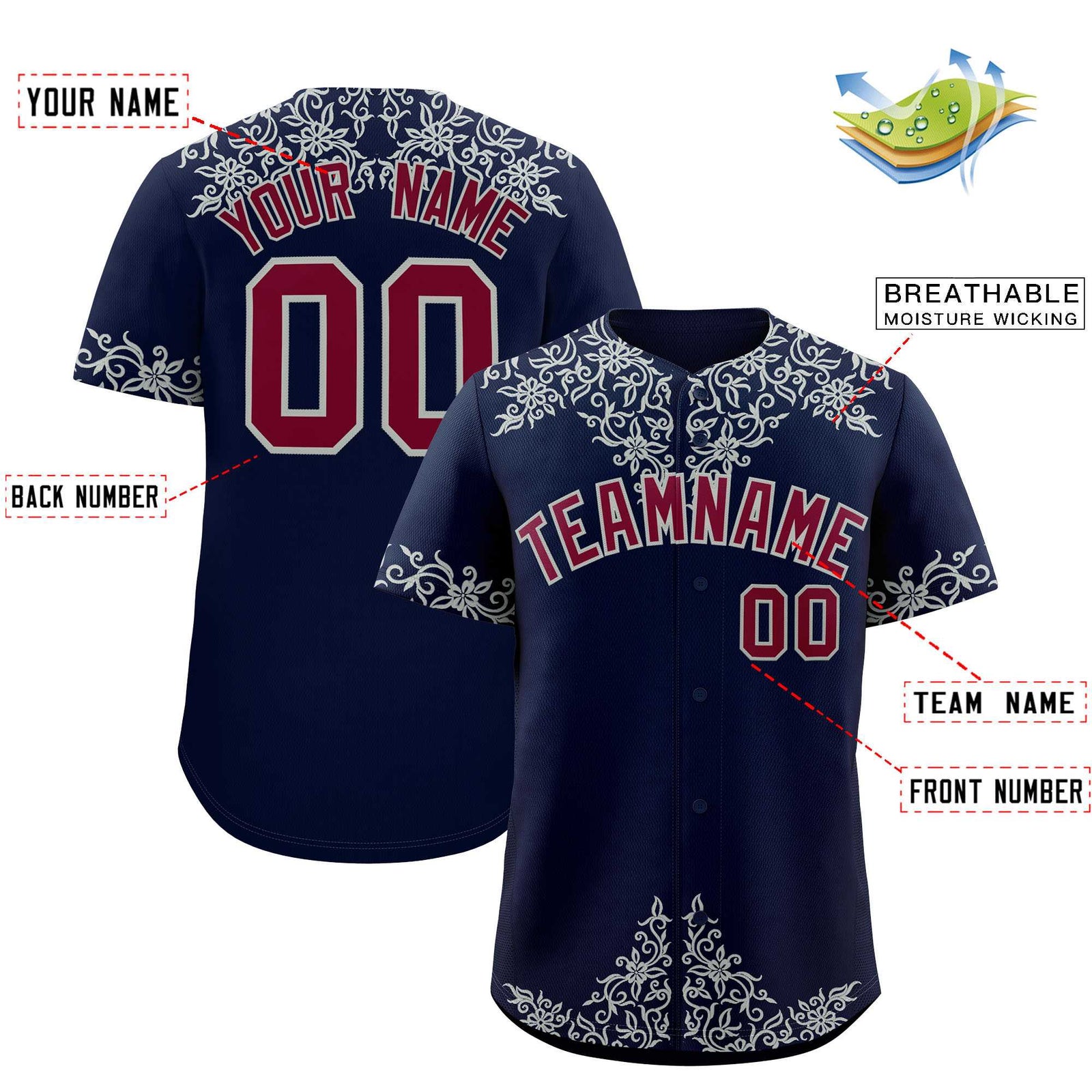 Custom Navy Silver Baroque Style Personalized Baseball Jersey