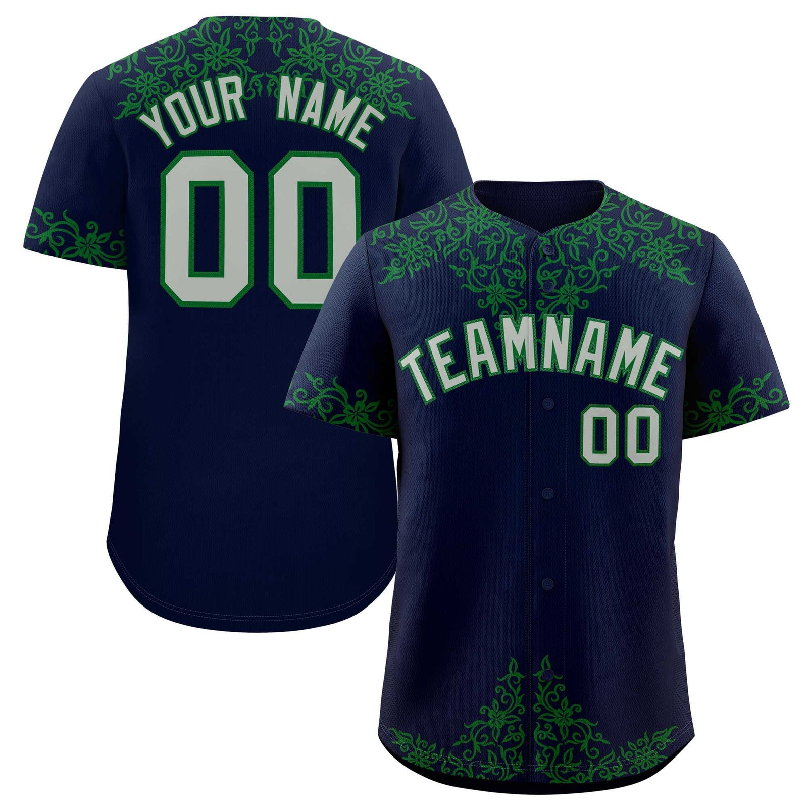 Custom Navy Kelly Green Baroque Style Personalized Baseball Jersey