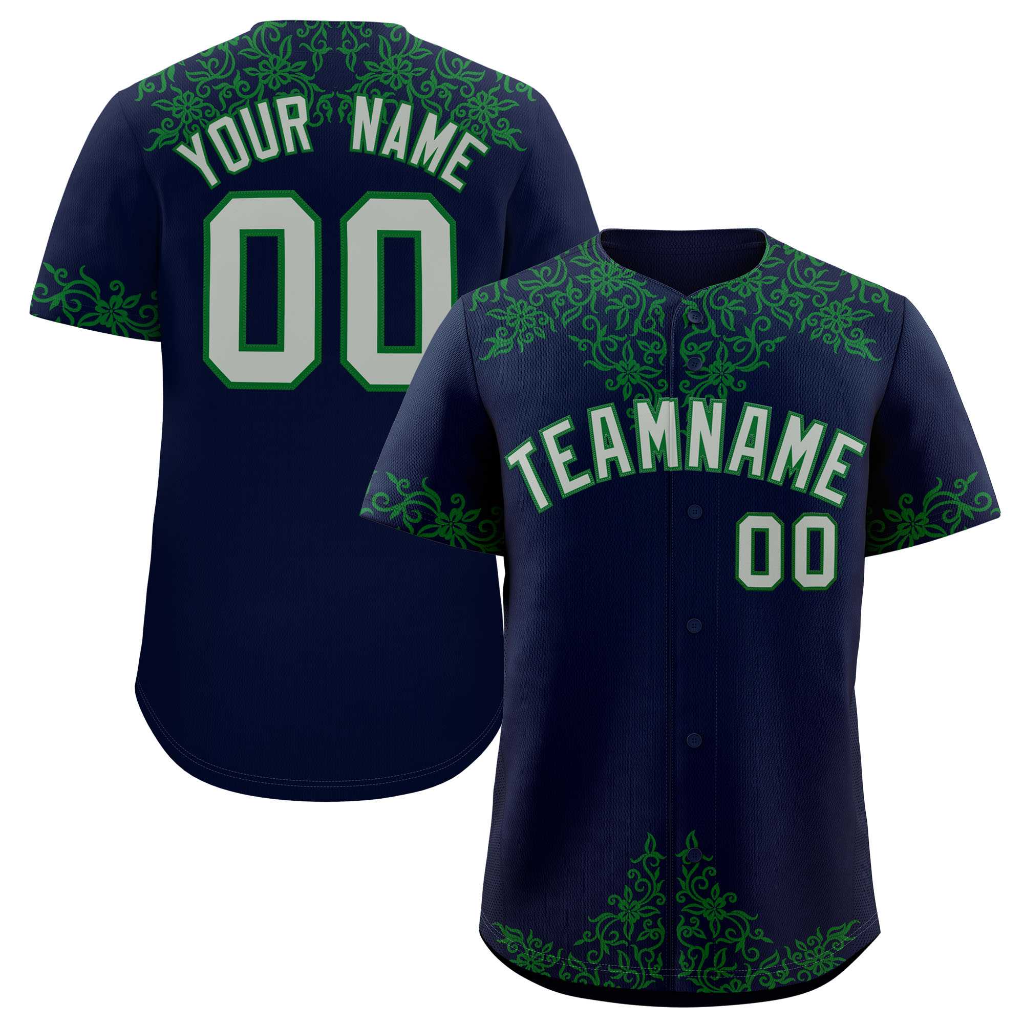 Custom Navy Kelly Green Baroque Style Personalized Baseball Jersey