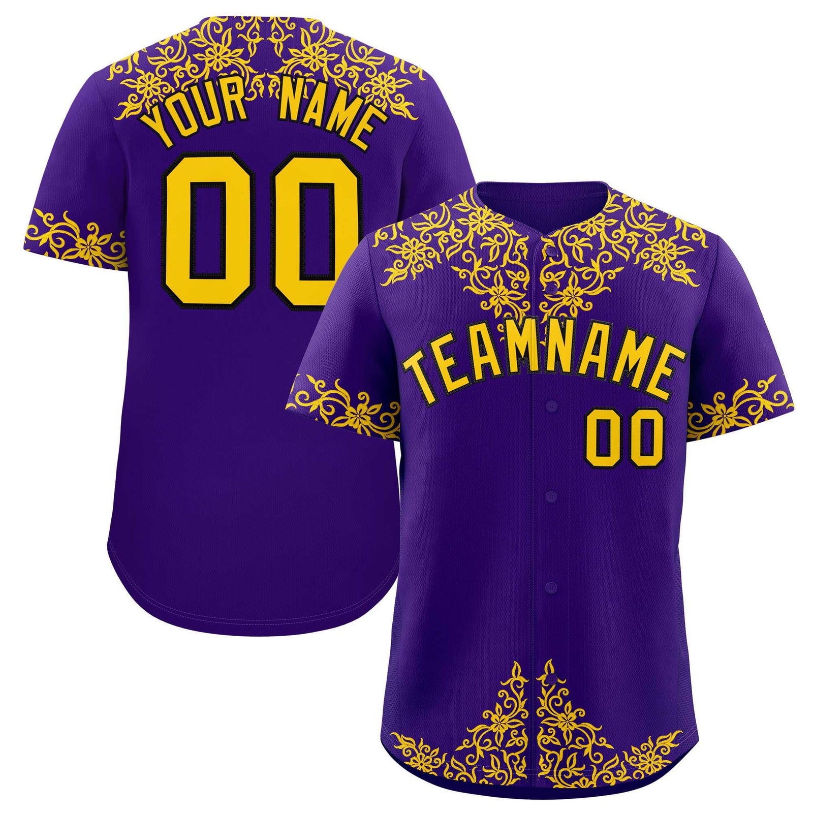Custom Purple Gold Baroque Style Personalized Baseball Jersey
