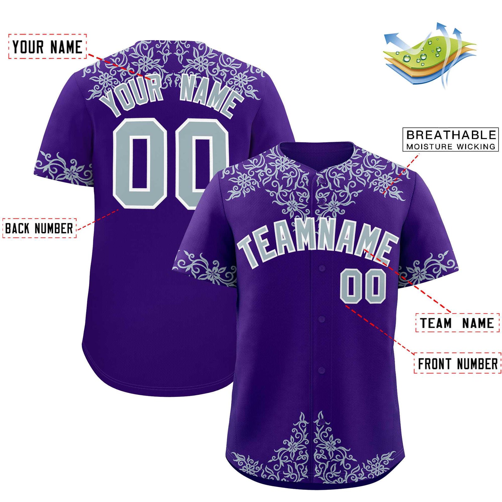 Custom Purple Silver Baroque Style Personalized Baseball Jersey