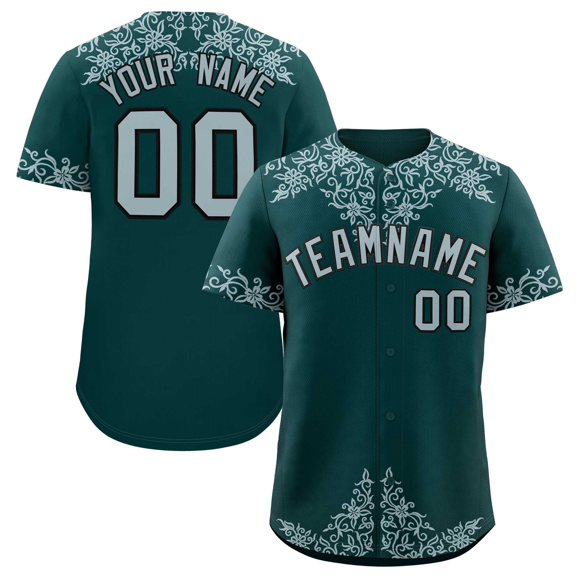 Custom Midnight Green Silver Baroque Style Personalized Baseball Jersey