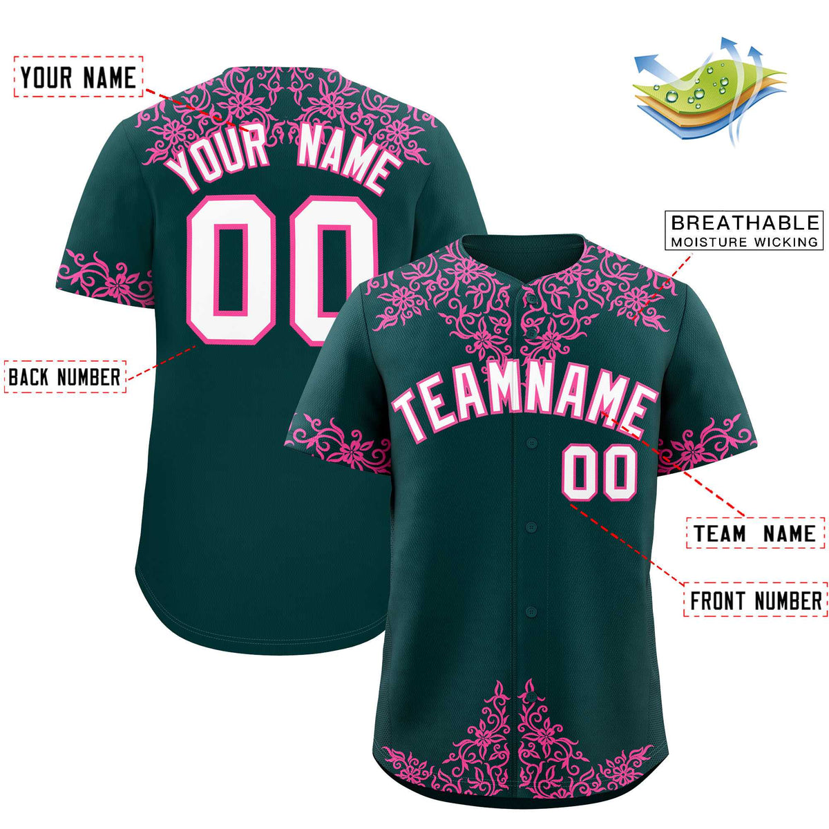 Custom Midnight Green Pink Baroque Style Personalized Baseball Jersey