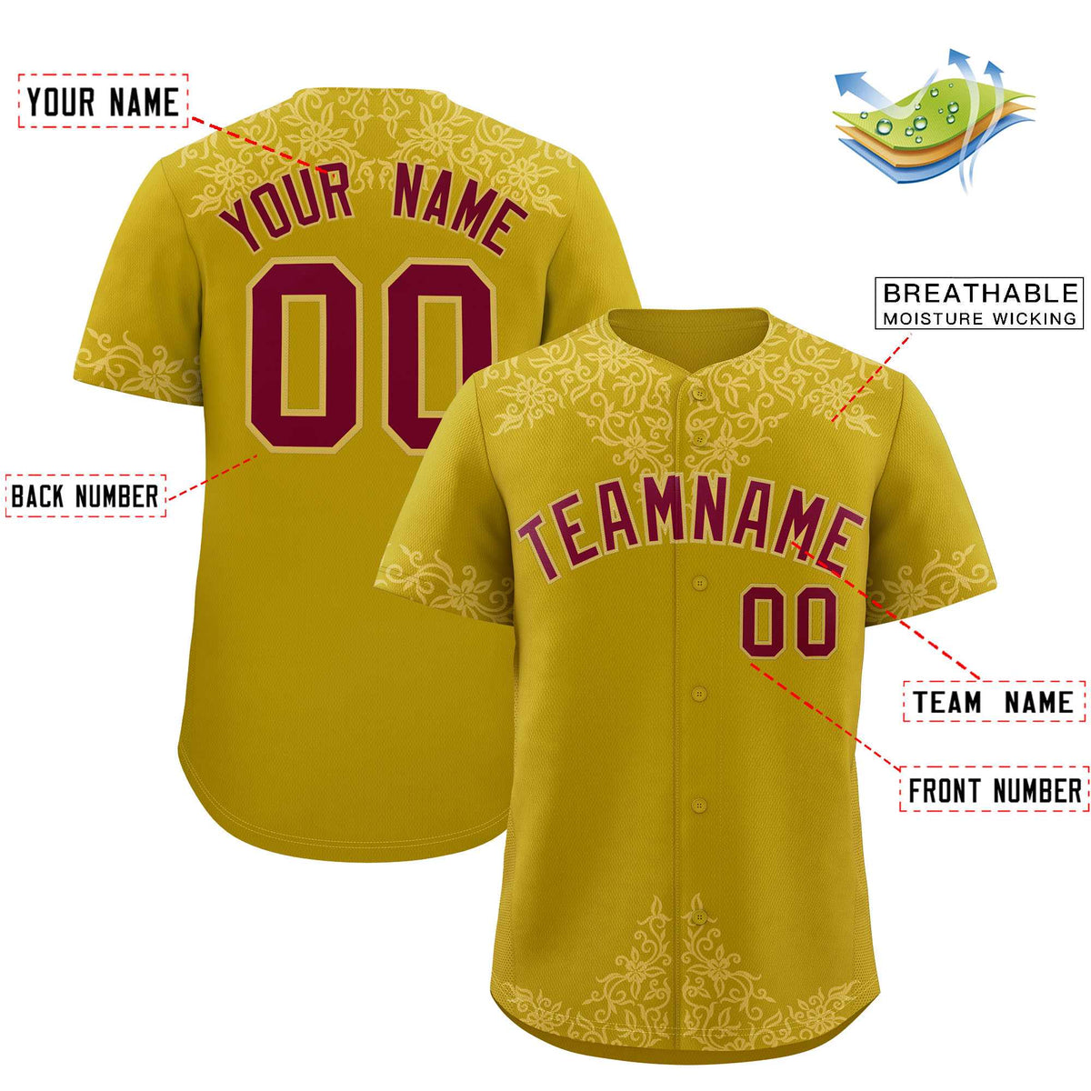 Custom Old Gold Old Gold Baroque Style Personalized Baseball Jersey