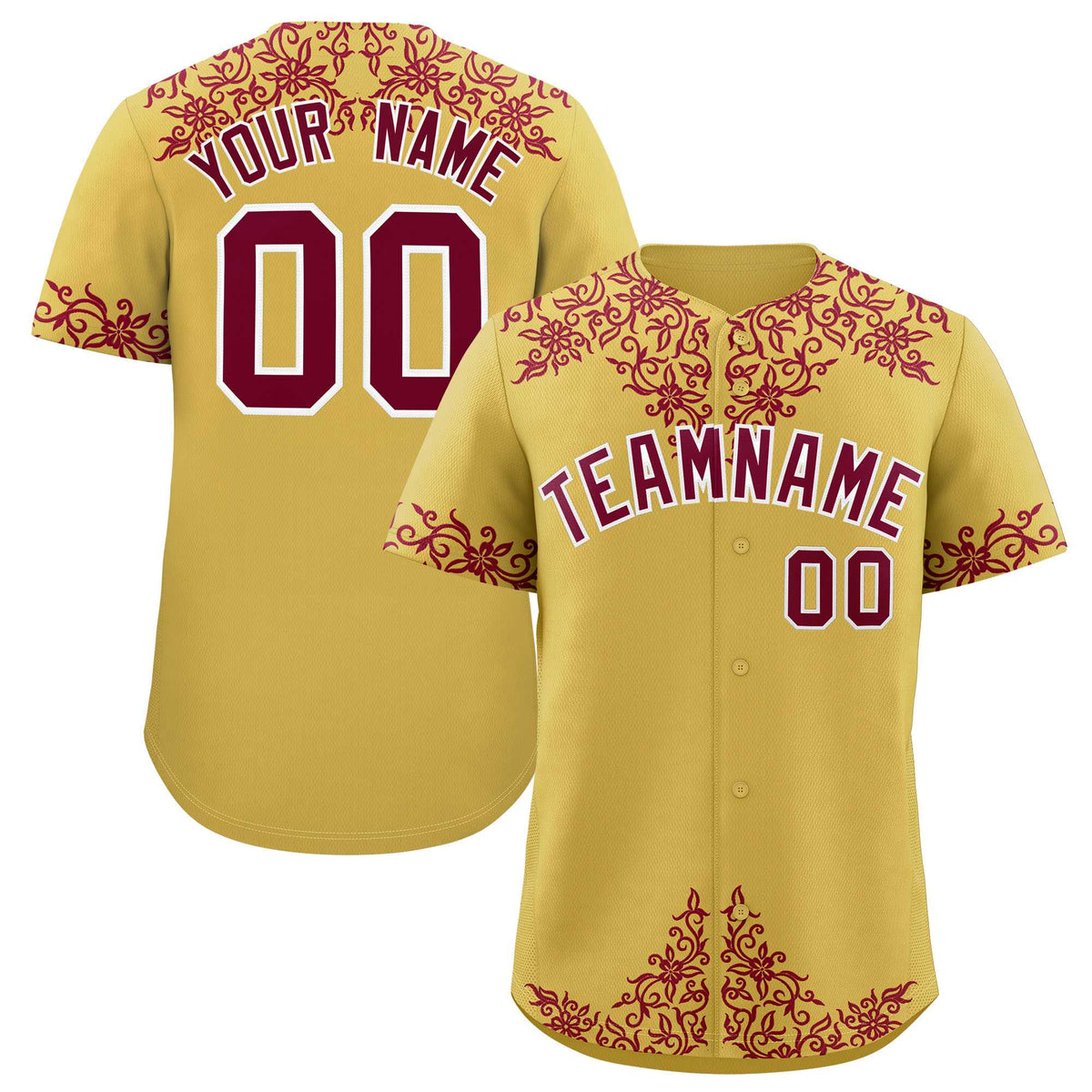 Custom Old Gold Crimson Baroque Style Personalized Baseball Jersey