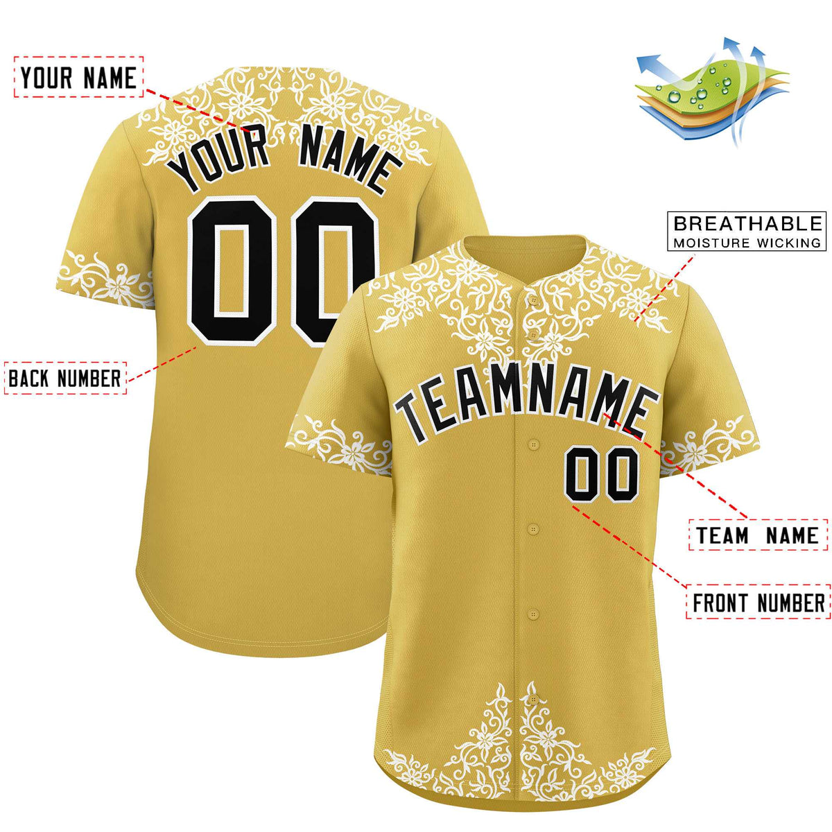 Custom Old Gold White Baroque Style Personalized Baseball Jersey