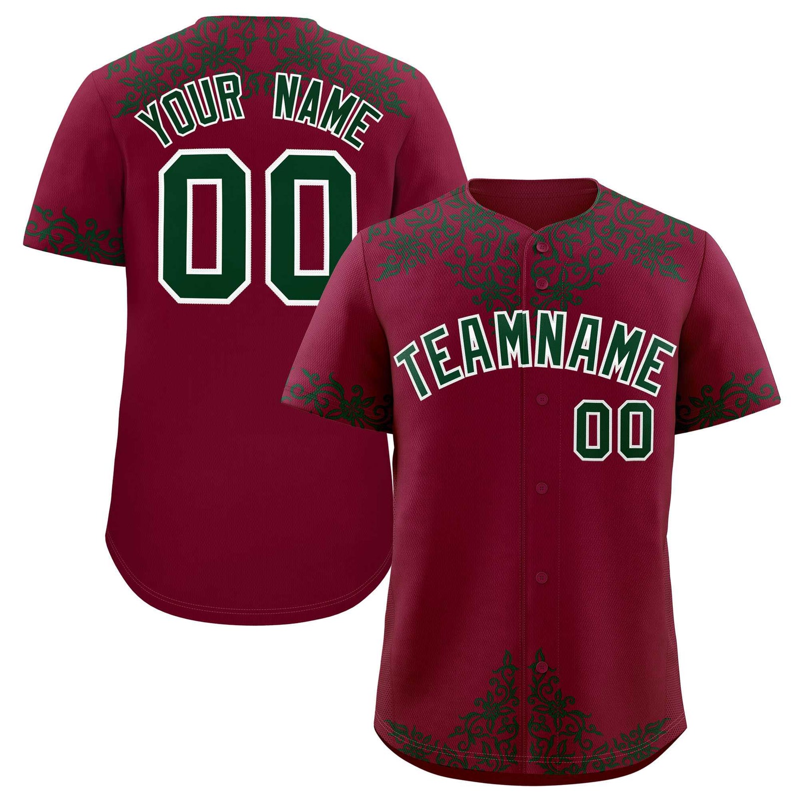 Custom Crimson Green Baroque Style Personalized Baseball Jersey