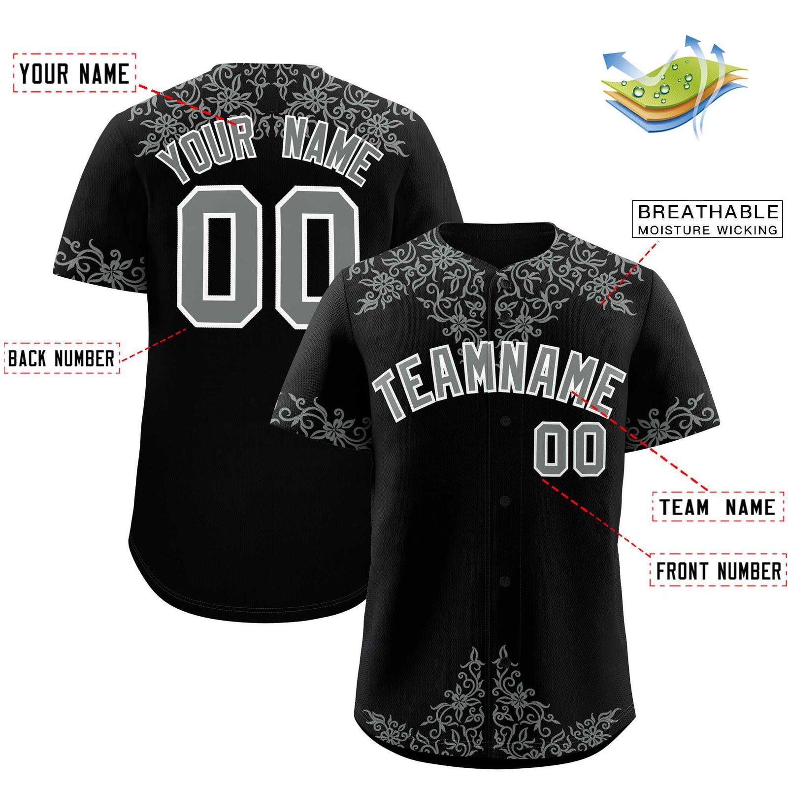 Custom Black Gray Baroque Style Personalized Baseball Jersey