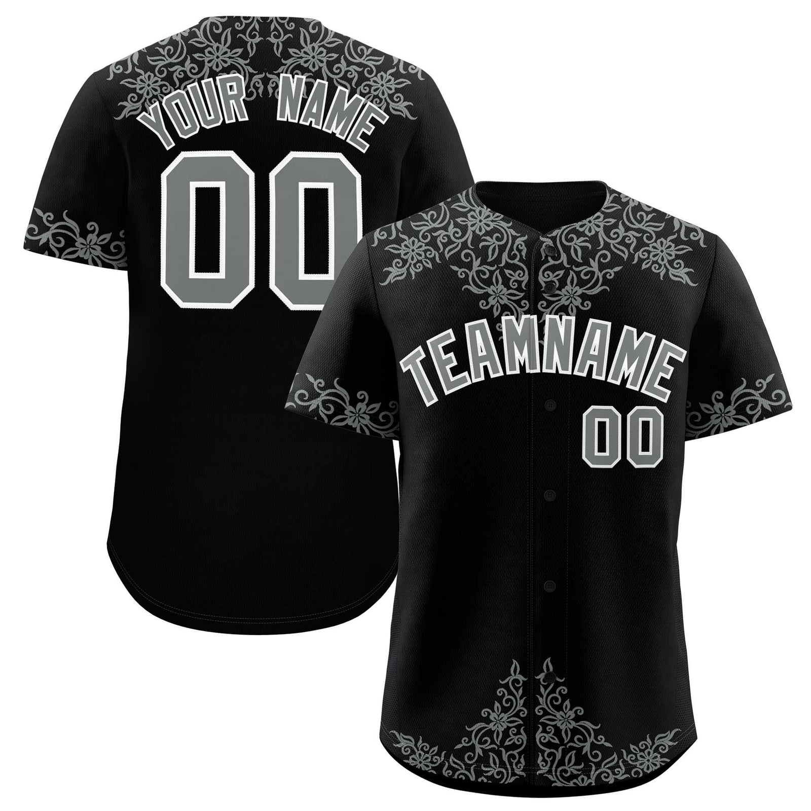 Custom Black Gray Baroque Style Personalized Baseball Jersey