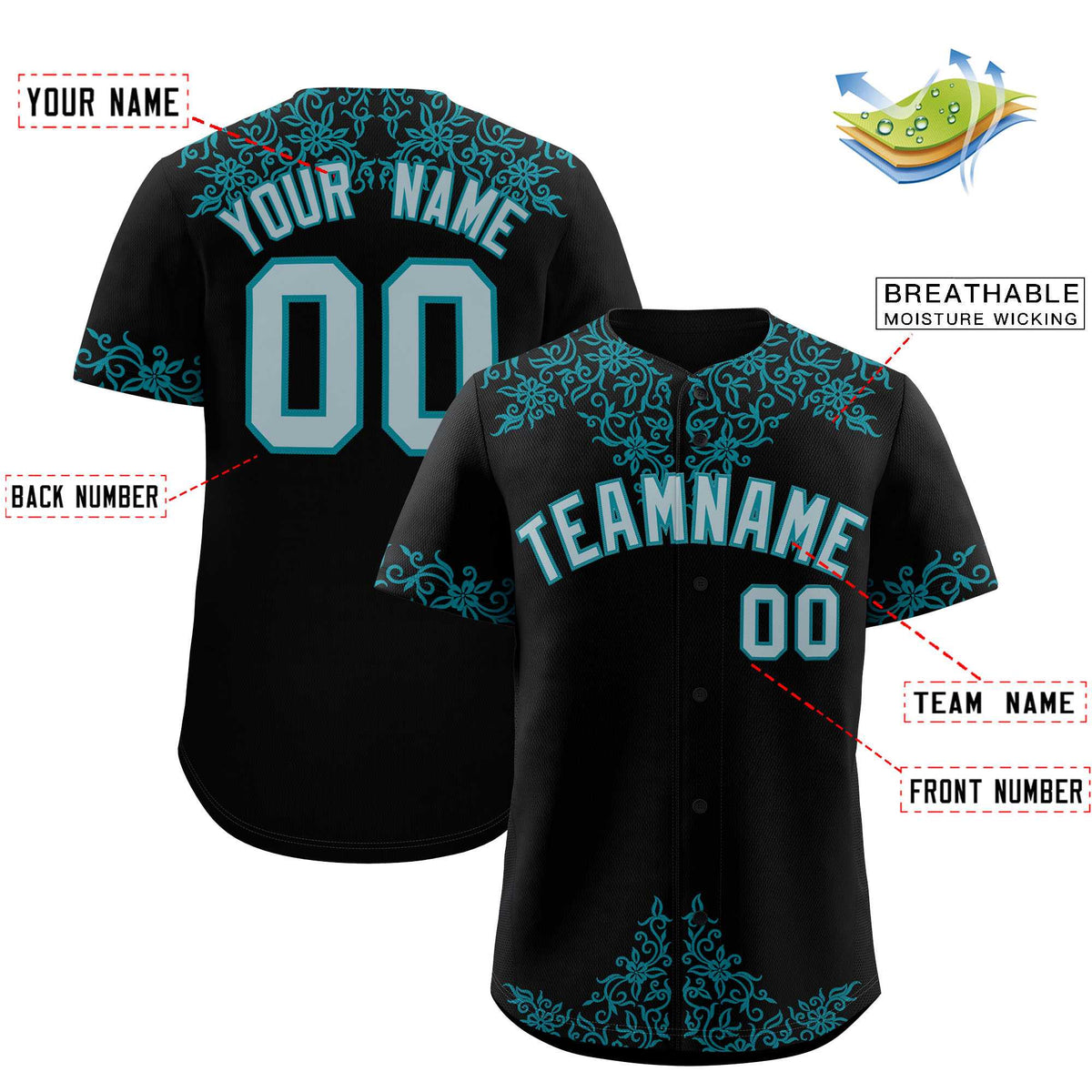 Custom Black Teal Baroque Style Personalized Baseball Jersey