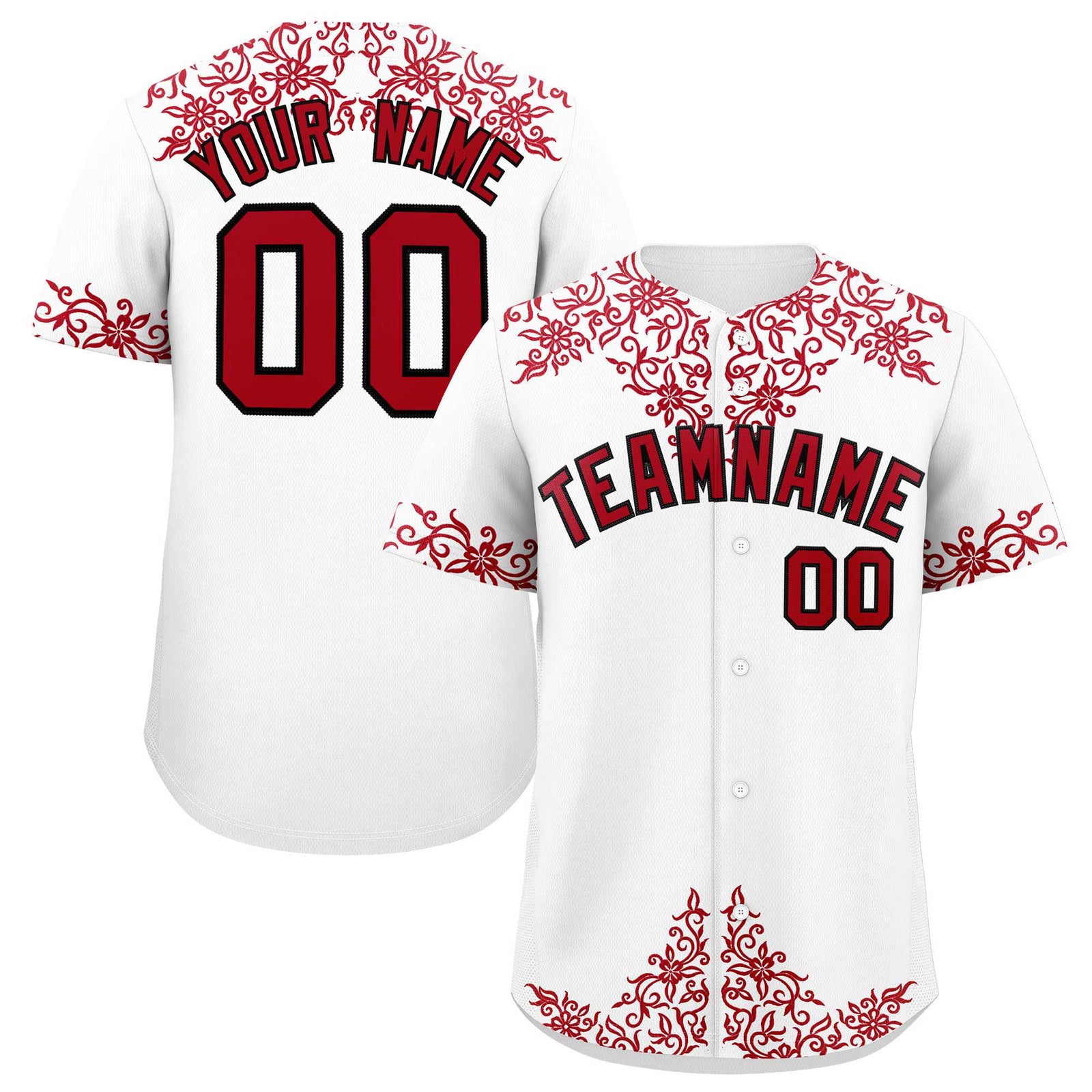 Custom White Red Baroque Style Personalized Baseball Jersey