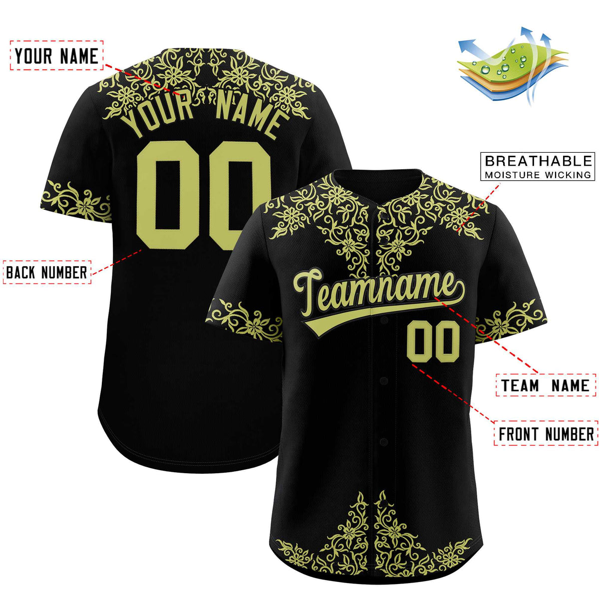Custom Black Champagne Baroque Style Personalized Baseball Jersey
