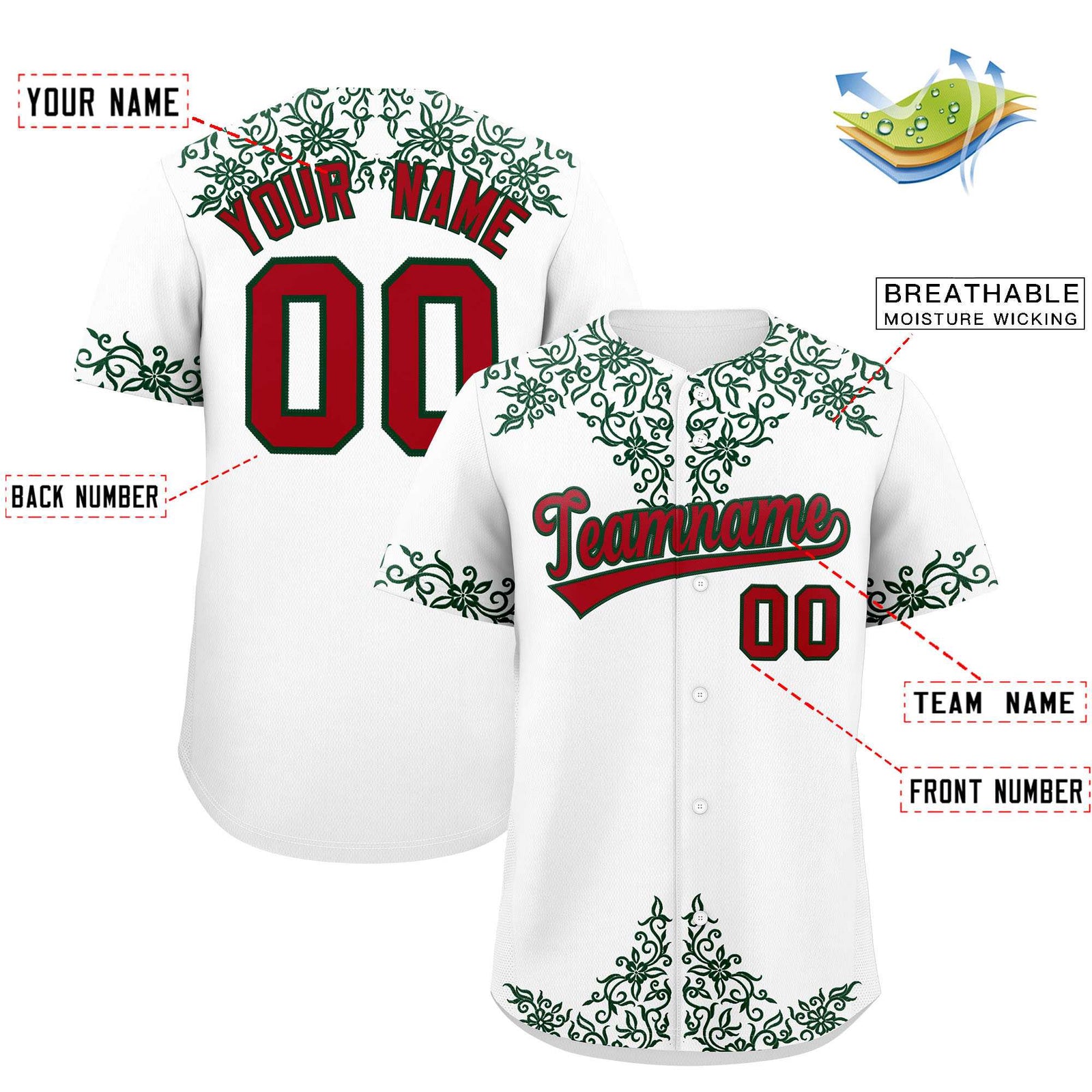 Custom White Green Baroque Style Personalized Baseball Jersey
