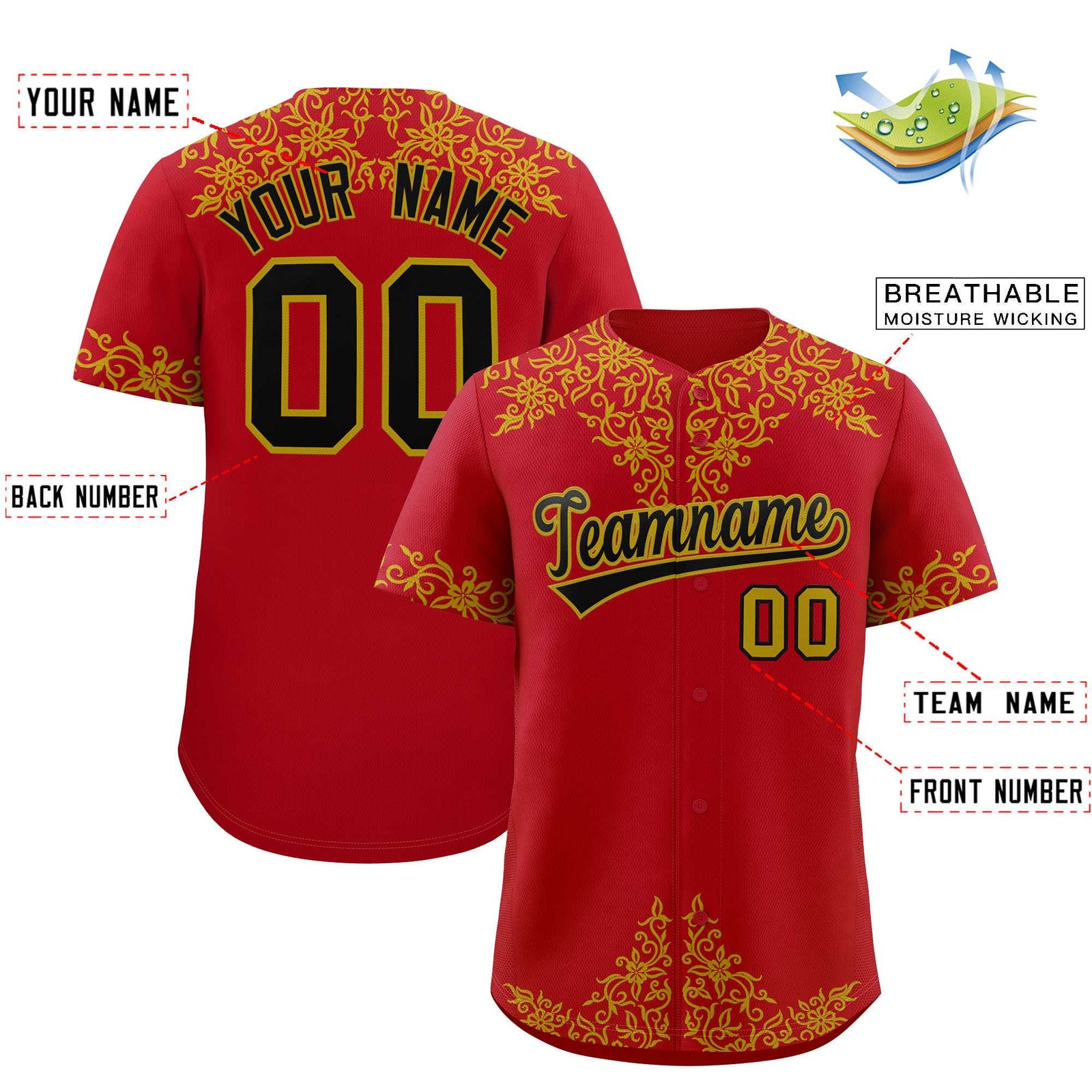 Custom Red Old Gold Baroque Style Personalized Baseball Jersey