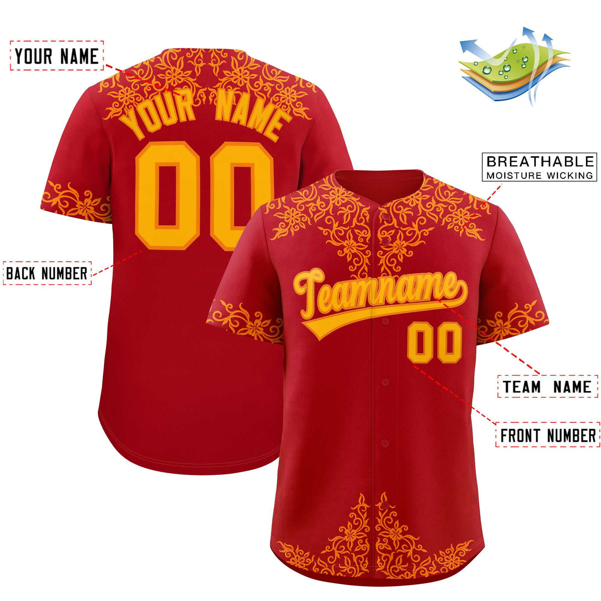 Custom Red Yellow Baroque Style Personalized Baseball Jersey