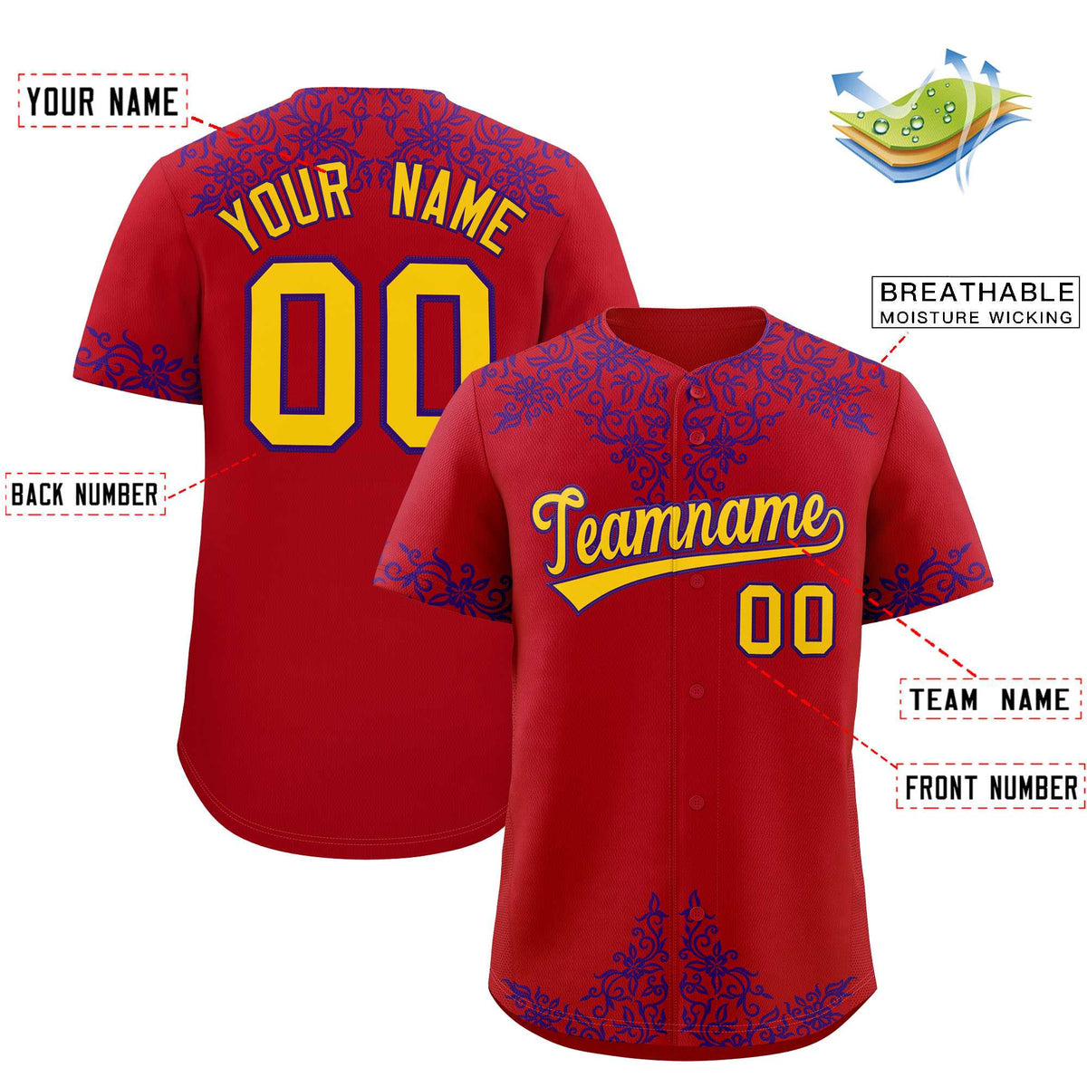 Custom Red Purple Baroque Style Personalized Baseball Jersey
