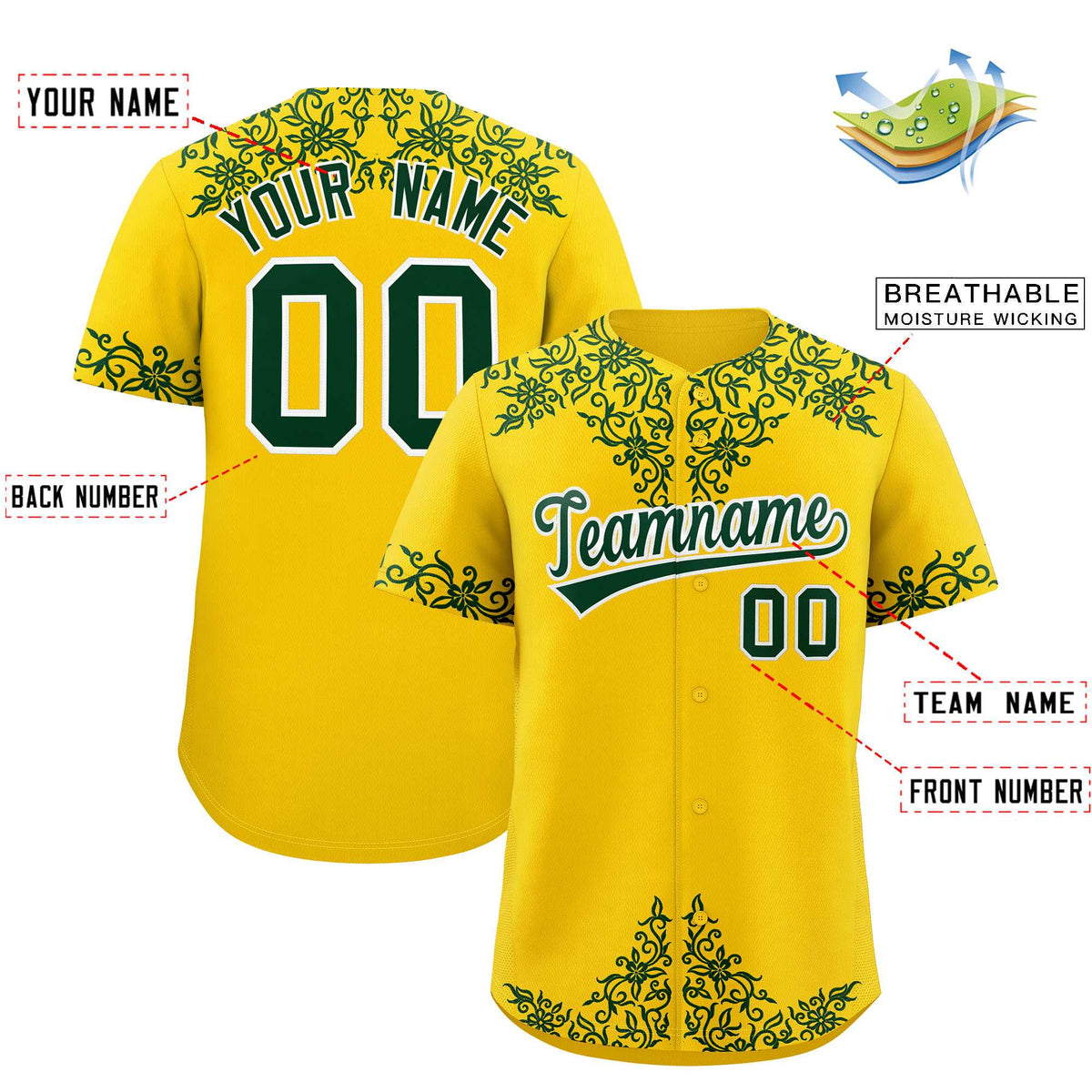 Custom Gold Green Baroque Style Personalized Baseball Jersey