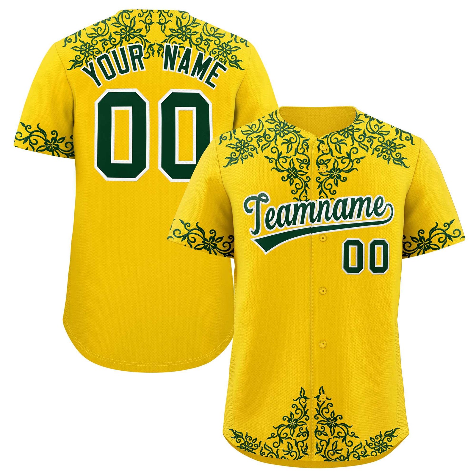 Custom Gold Green Baroque Style Personalized Baseball Jersey