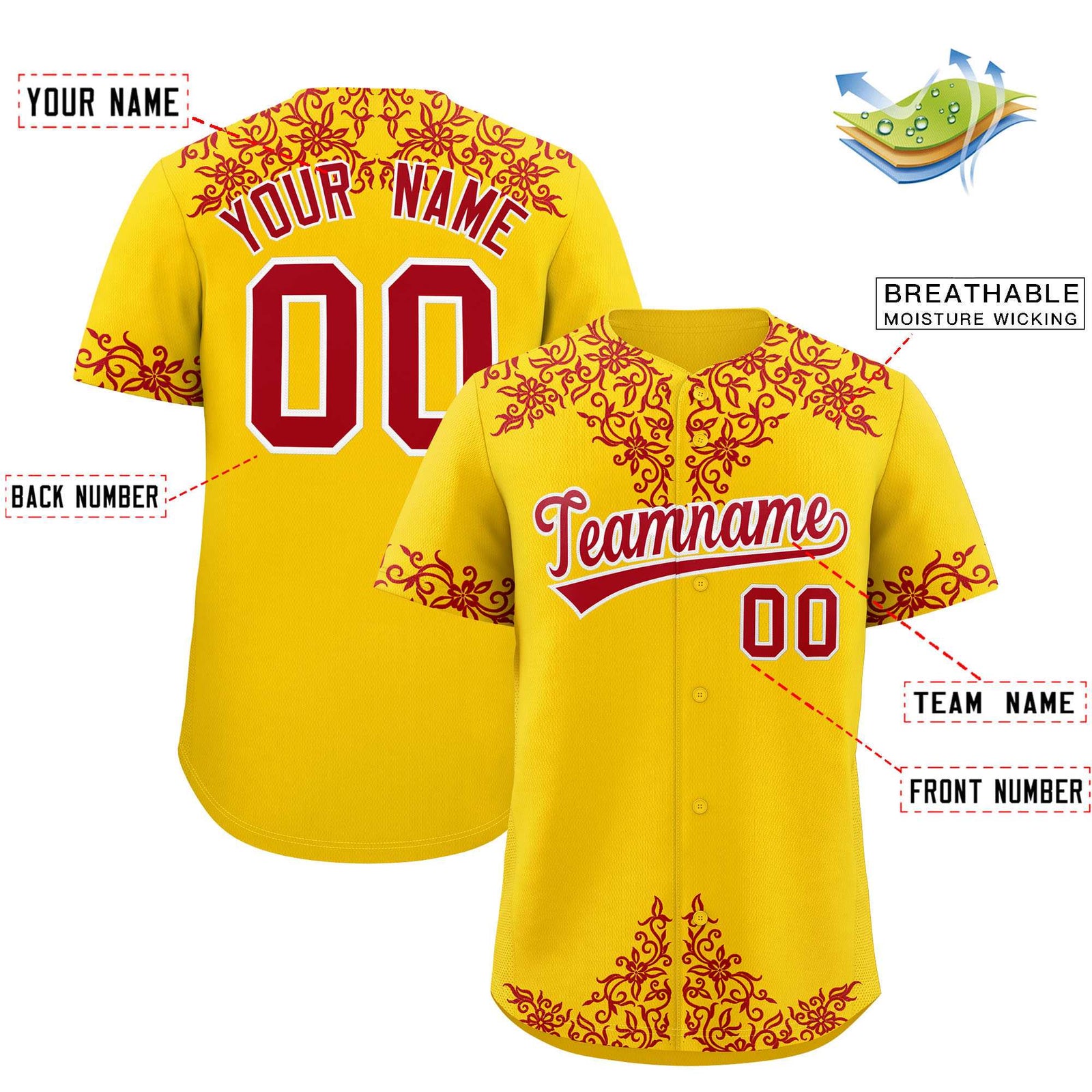 Custom Gold Red Baroque Style Personalized Baseball Jersey