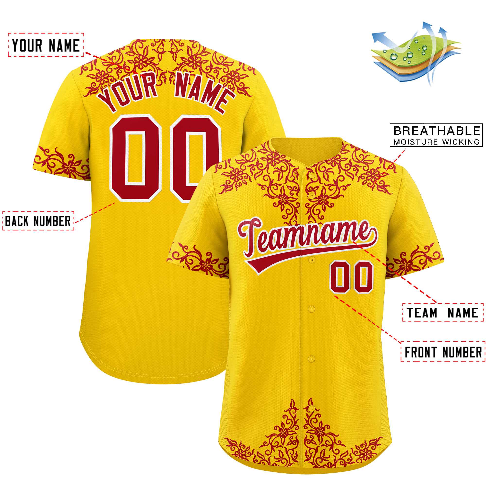 Custom Gold Red Baroque Style Personalized Baseball Jersey