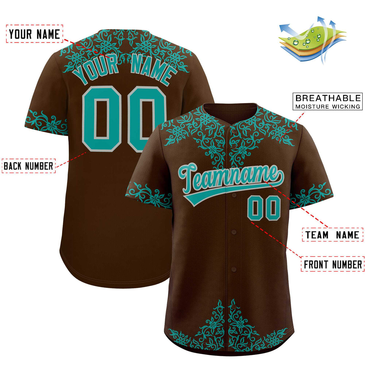 Custom Brown Teal Baroque Style Personalized Baseball Jersey