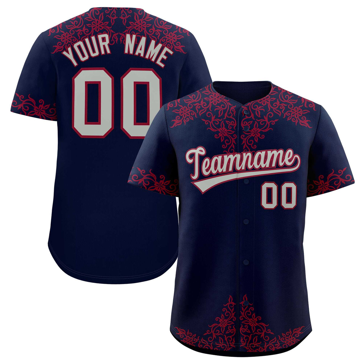 Custom Navy Crimson Baroque Style Personalized Baseball Jersey