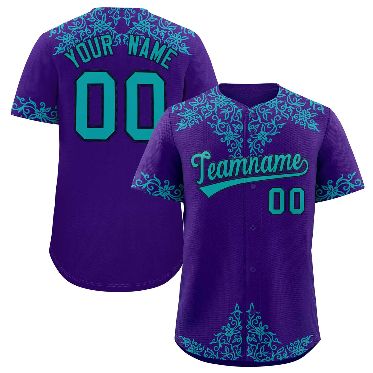 Custom Purple Aqua Baroque Style Personalized Baseball Jersey