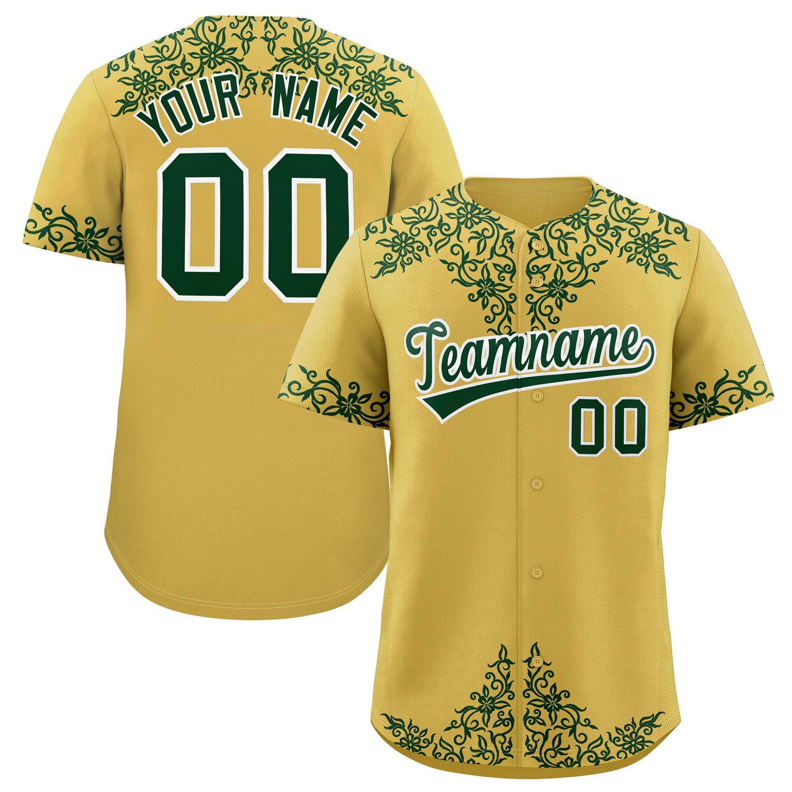 Custom Old Gold Green Baroque Style Personalized Baseball Jersey