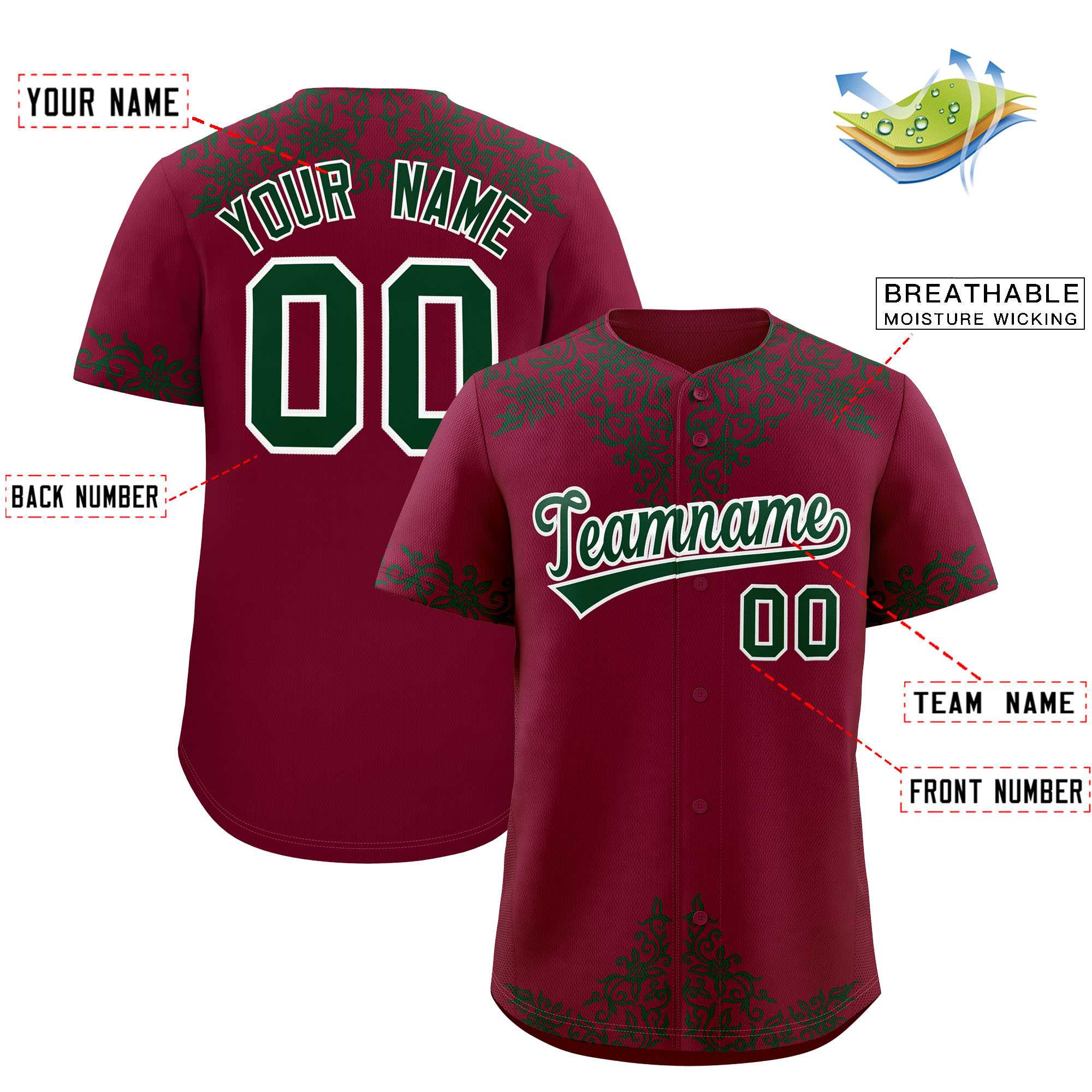 Custom Crimson Green Baroque Style Personalized Baseball Jersey