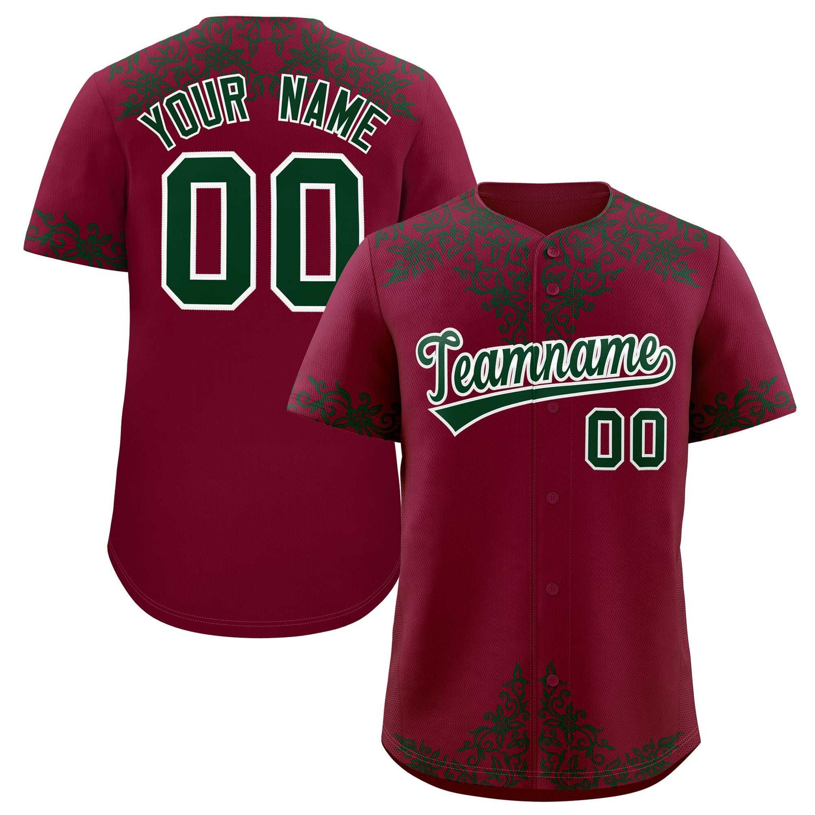 Custom Crimson Green Baroque Style Personalized Baseball Jersey